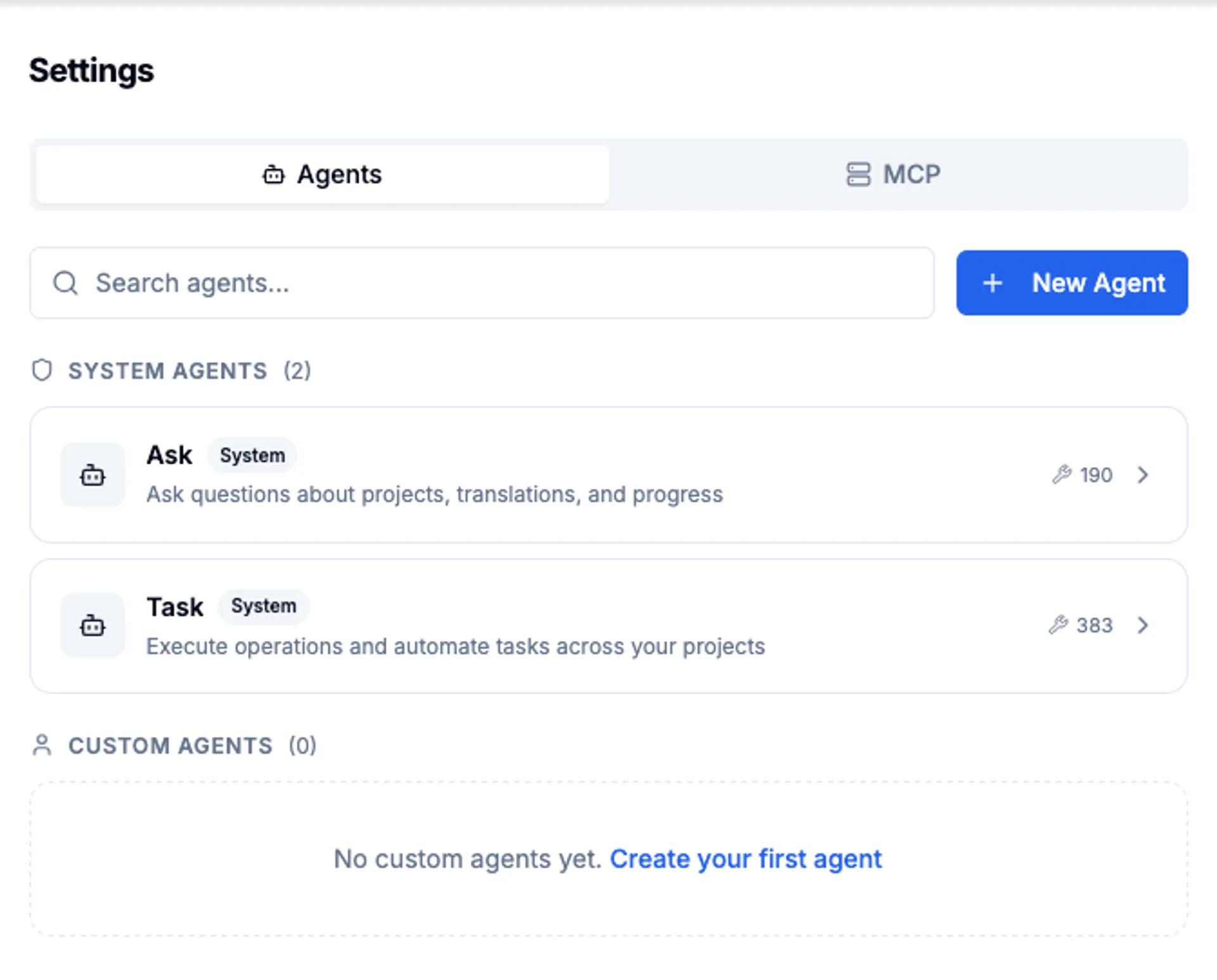 Settings — Agents list showing System Agents (Ask, Task) and empty Custom Agents section