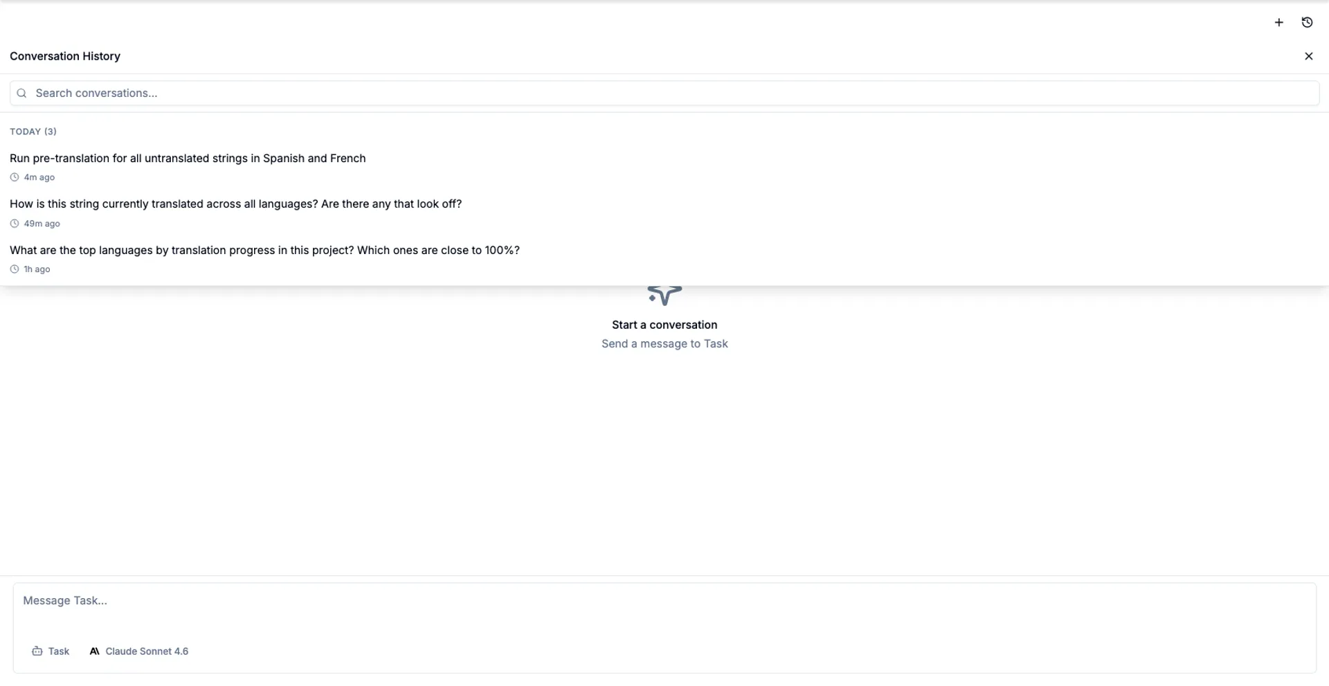 Conversation History panel showing 3 recent sessions with titles and timestamps