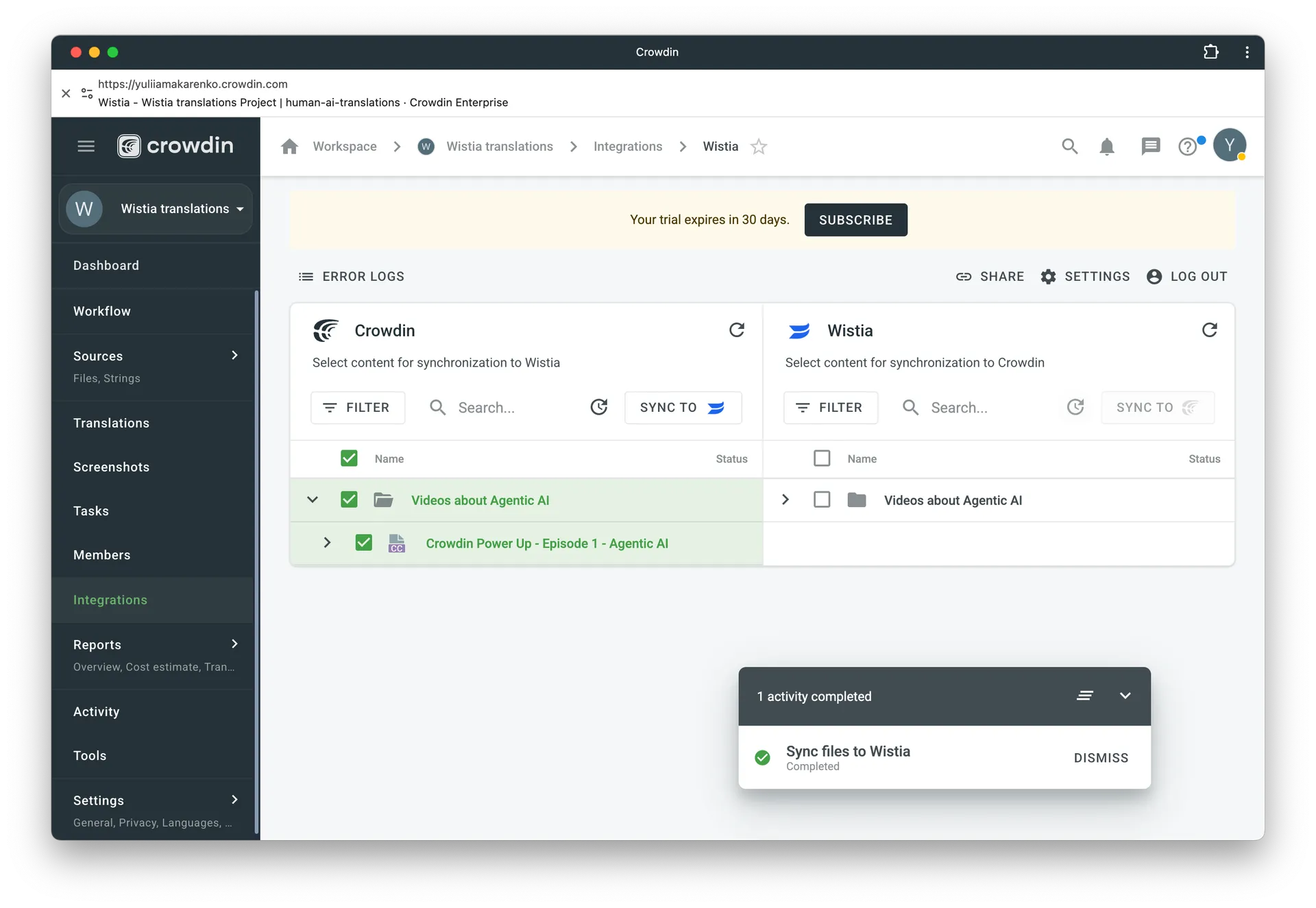 Sync localized subtitles from Crowdin back to Wistia