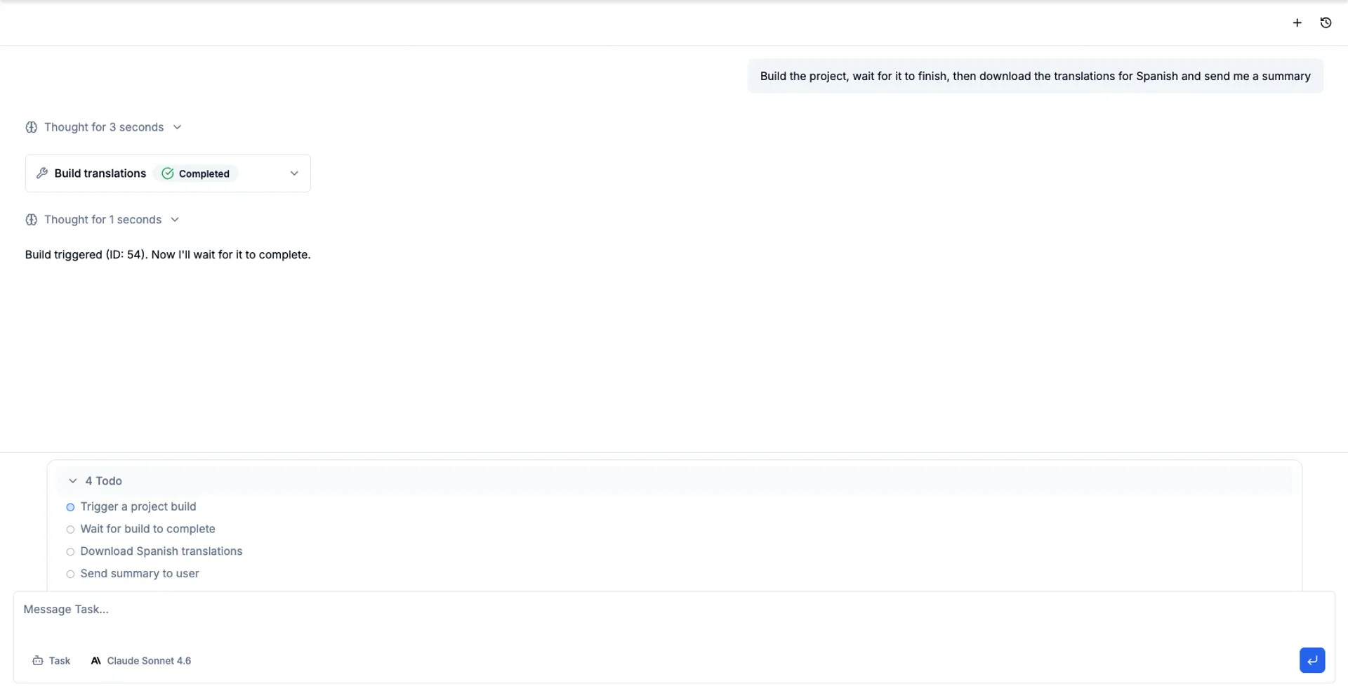 Todo queue showing 4 planned steps: Trigger build, Wait for build, Download translations, Send summary