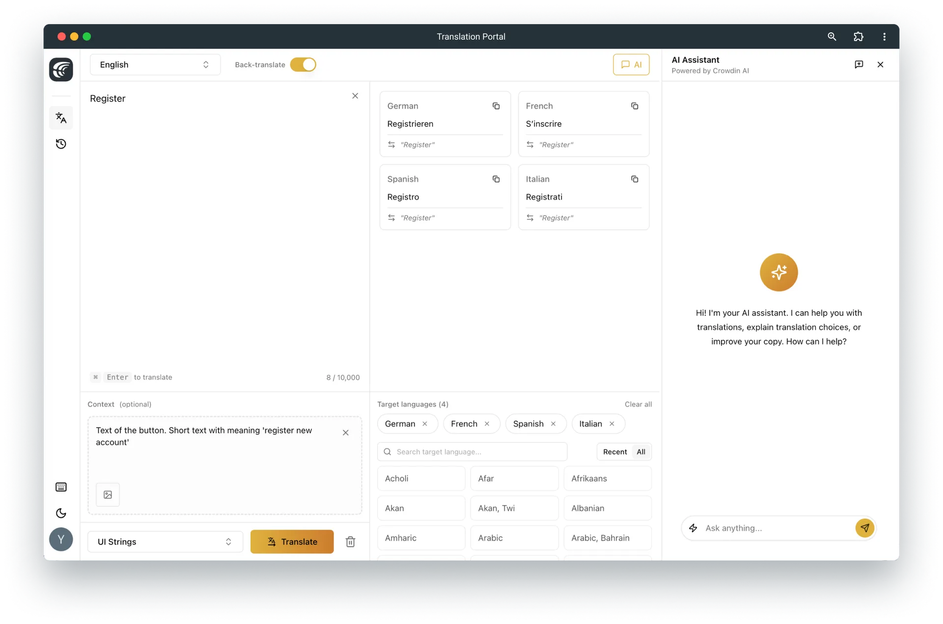 Text translation in Crowdin Translation Portal