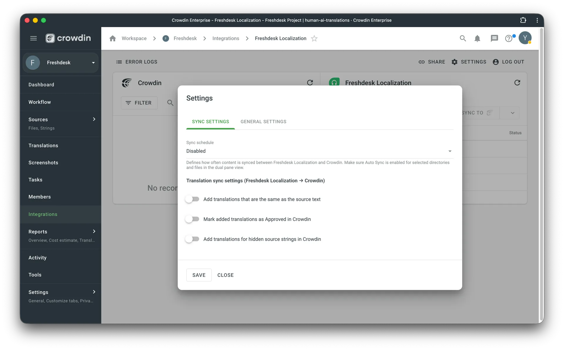 Freshdesk Sync Settings
