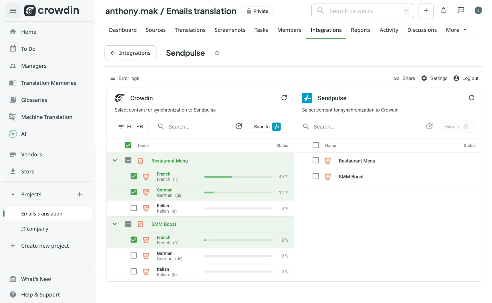 SendPulse translation synchronization.