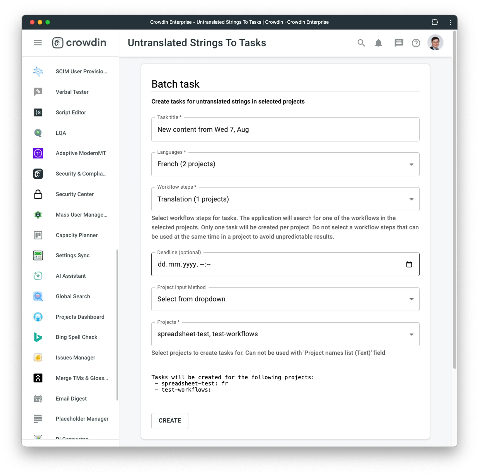 Create multiple tasks in Crowdin Enterprise