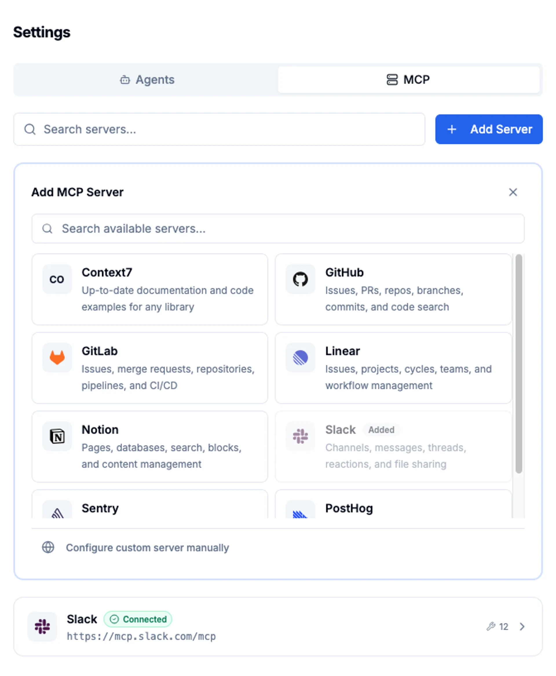 Settings — MCP Servers tab showing integration catalog with GitHub, GitLab, Linear, Notion, Slack and Slack Connected below