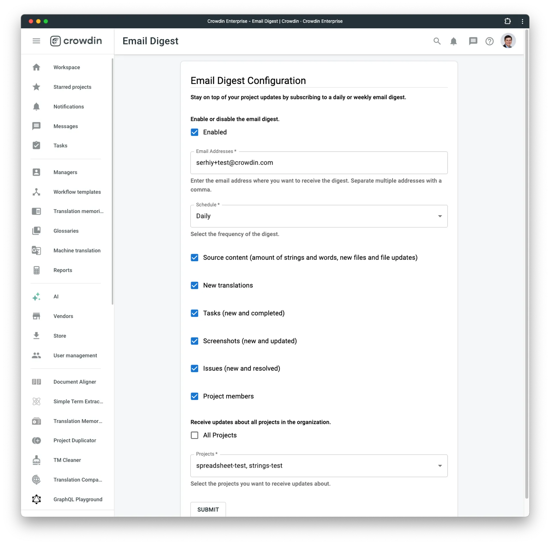 Configuring Crowdin email digest