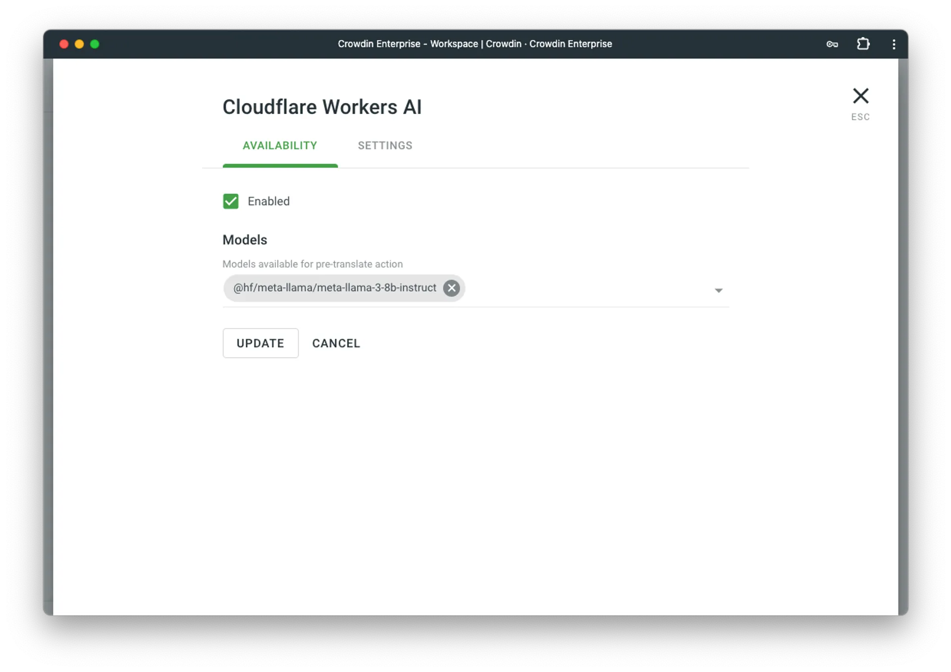 Selecting Cloudflare AI Worker Models in Crowdin