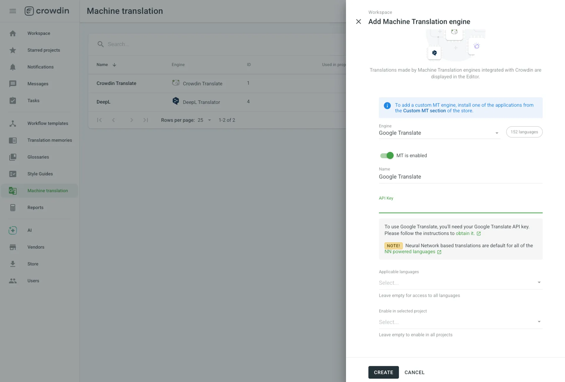 Configure Google Transalte API in Crowdin