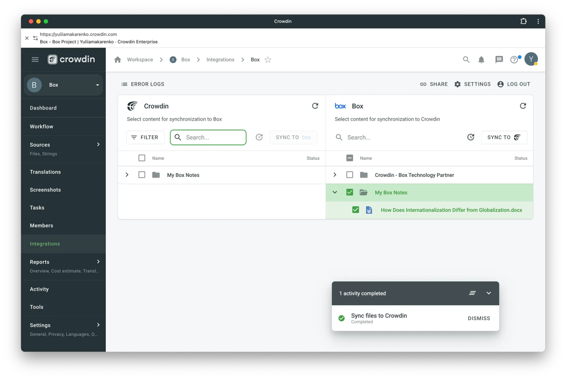 Manual synchronization from Box to Crowdin