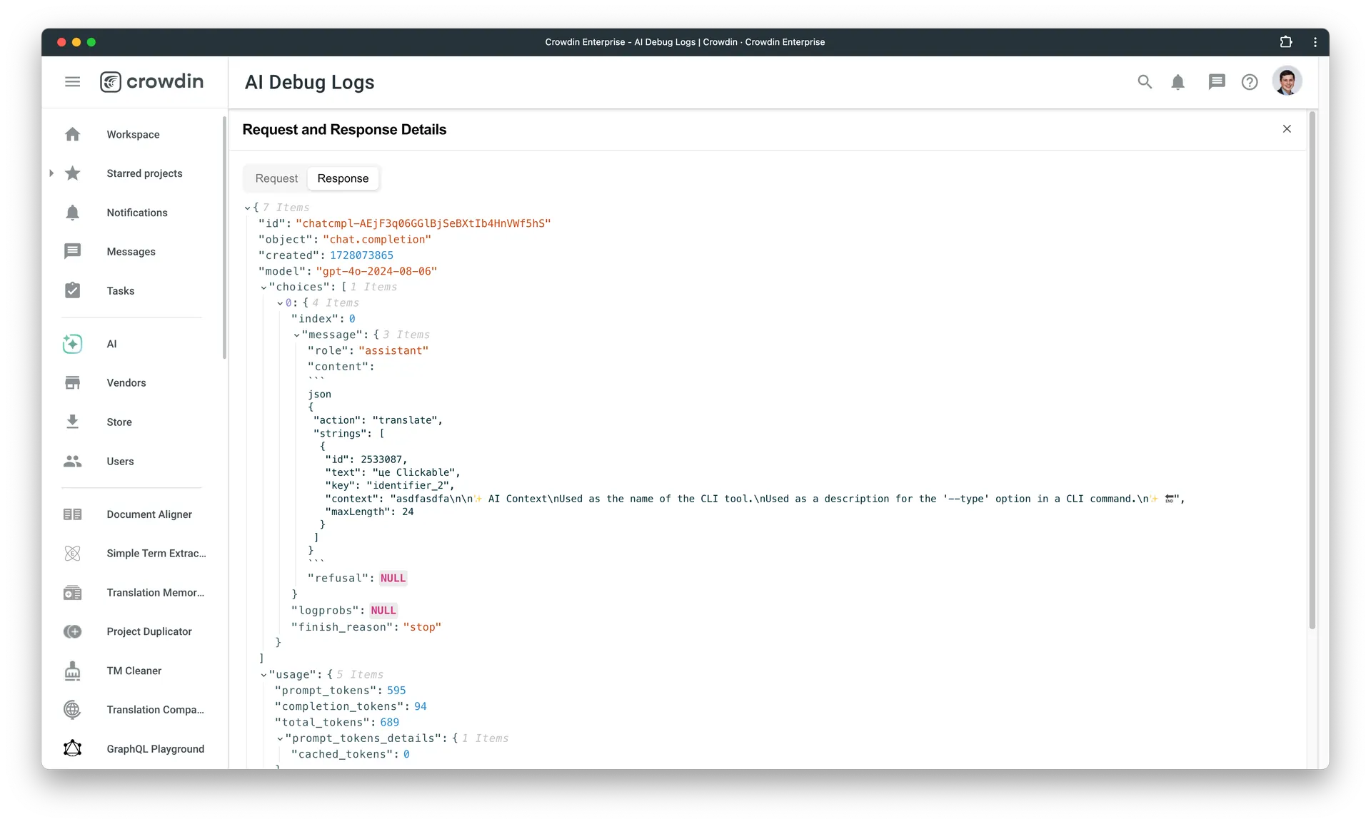 Crowdin AI Debug request/response Screenshot