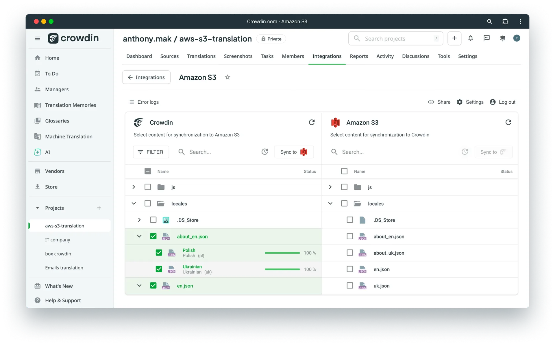 Sync translated files back to Amazon AWS S3