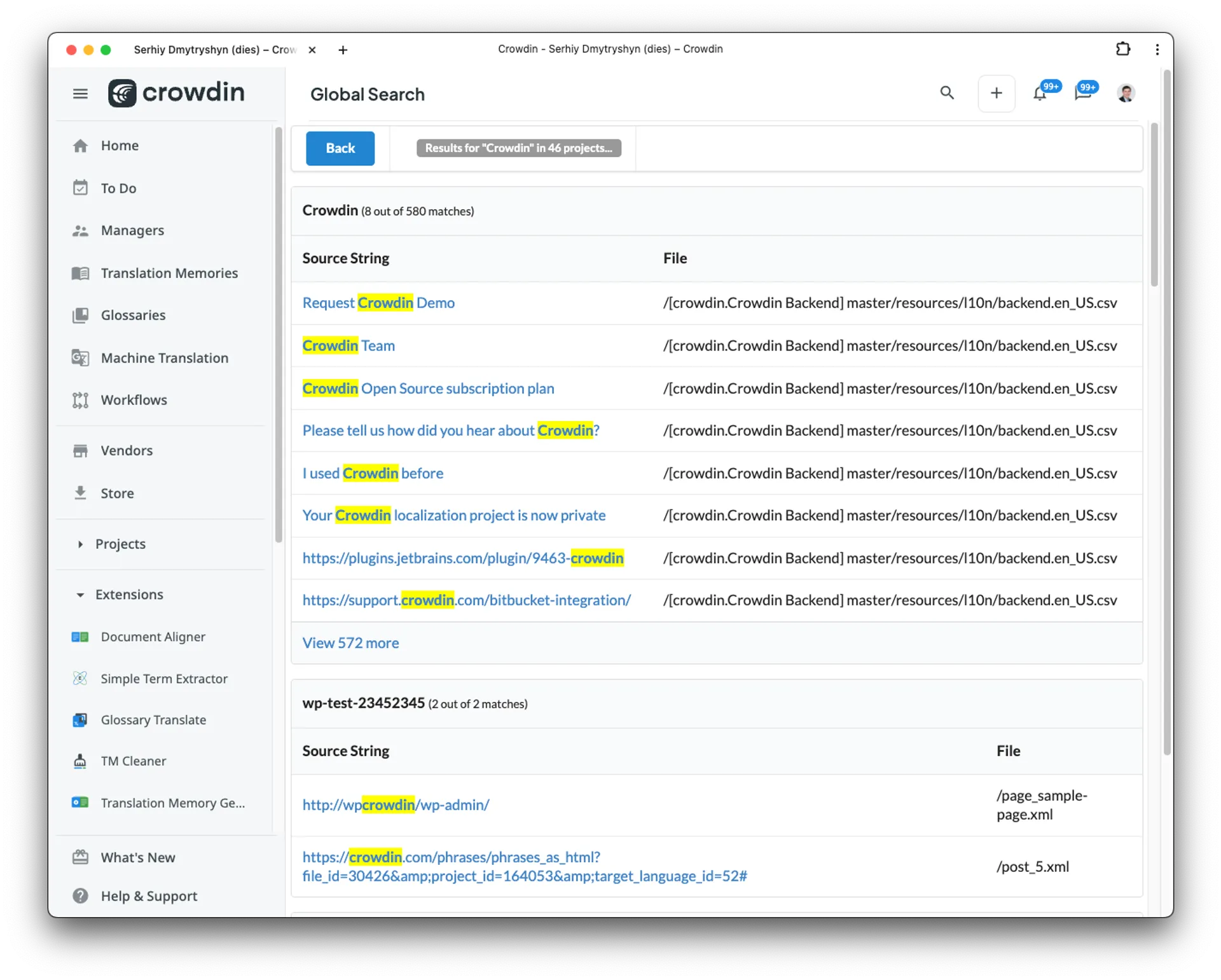 Crowdin Global Search Resulsts