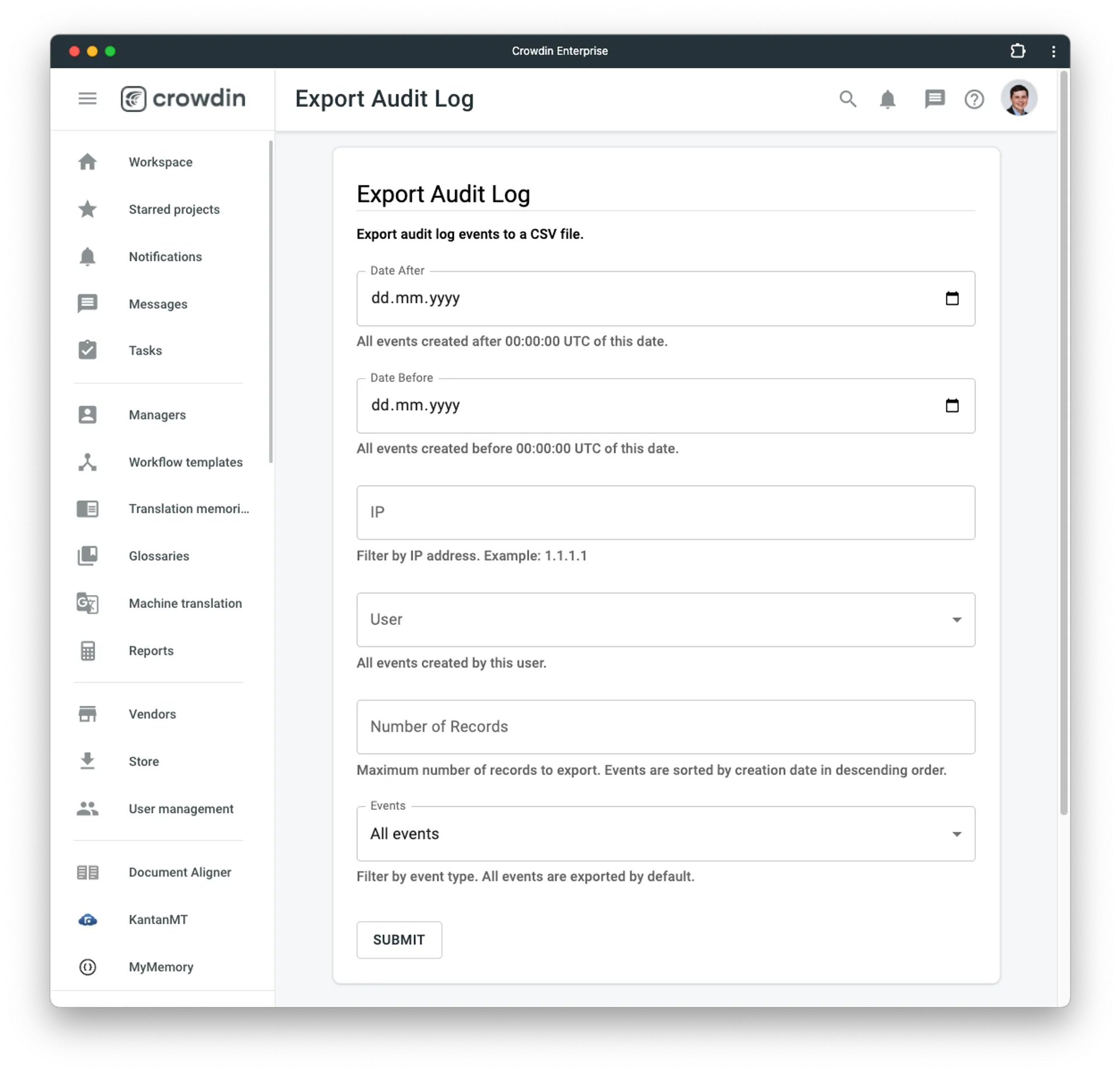 Export Crowdin Security Log into CSV