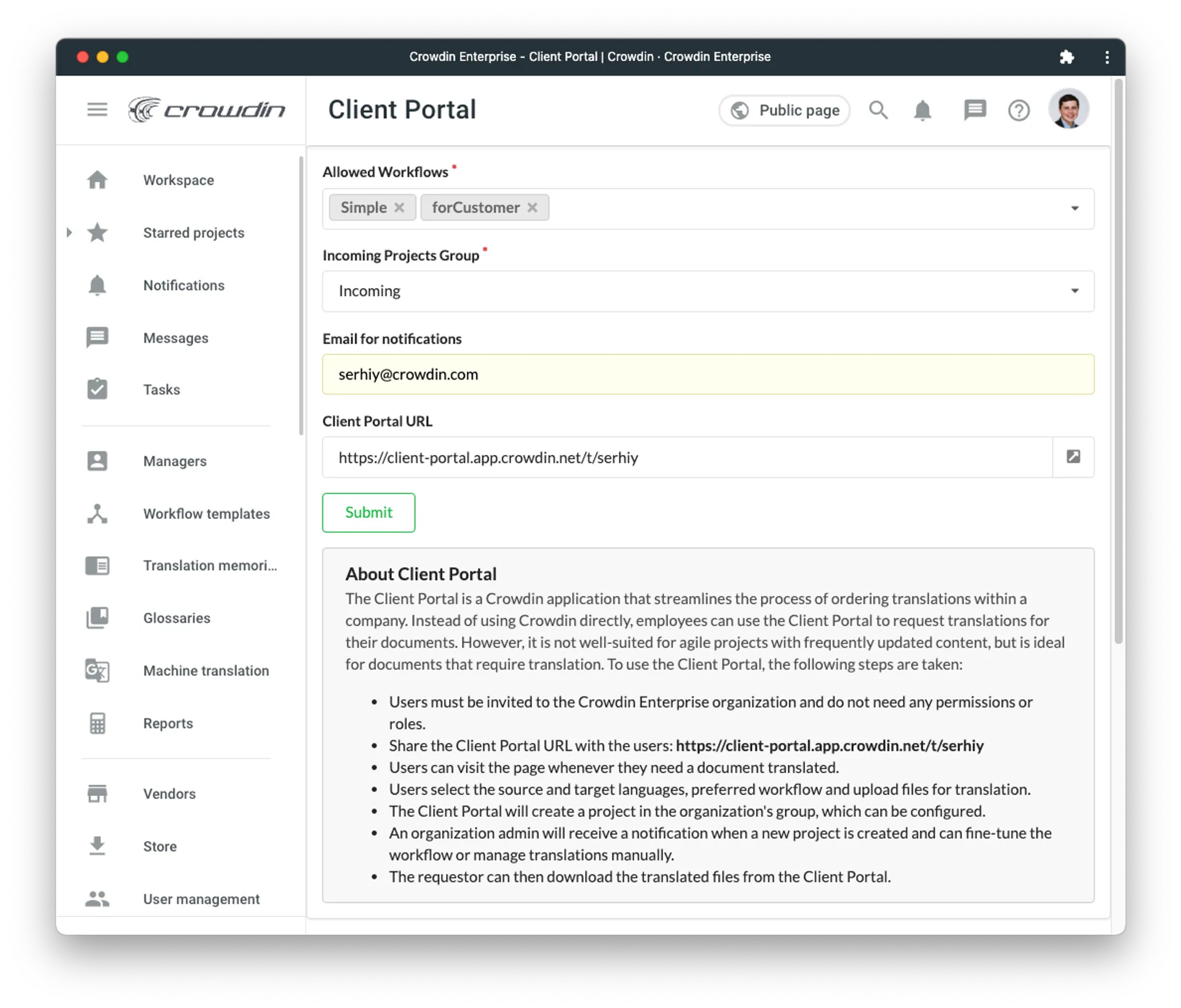 Crowdin Client Portal Configuration