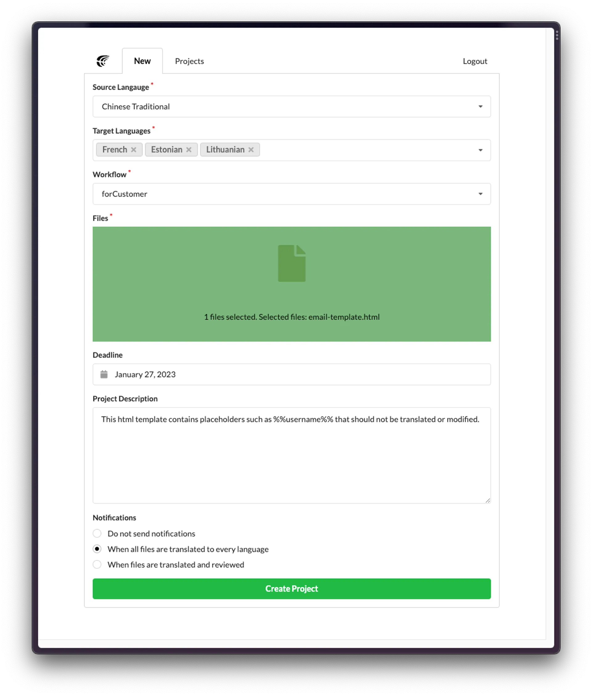 New Translation Request via Crowdin Client Portal