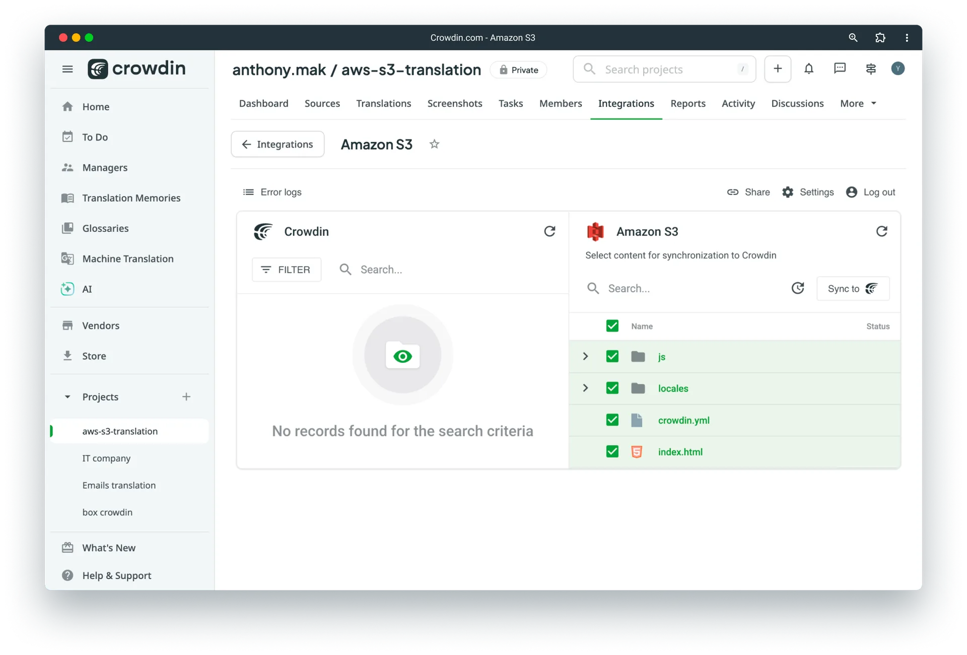 Amazon AWS S3 translation synchronization to Crowdin