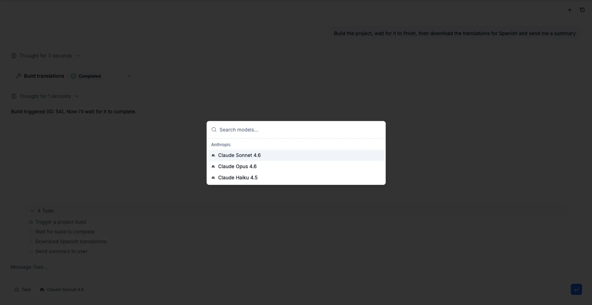 Model selector dropdown showing available AI models