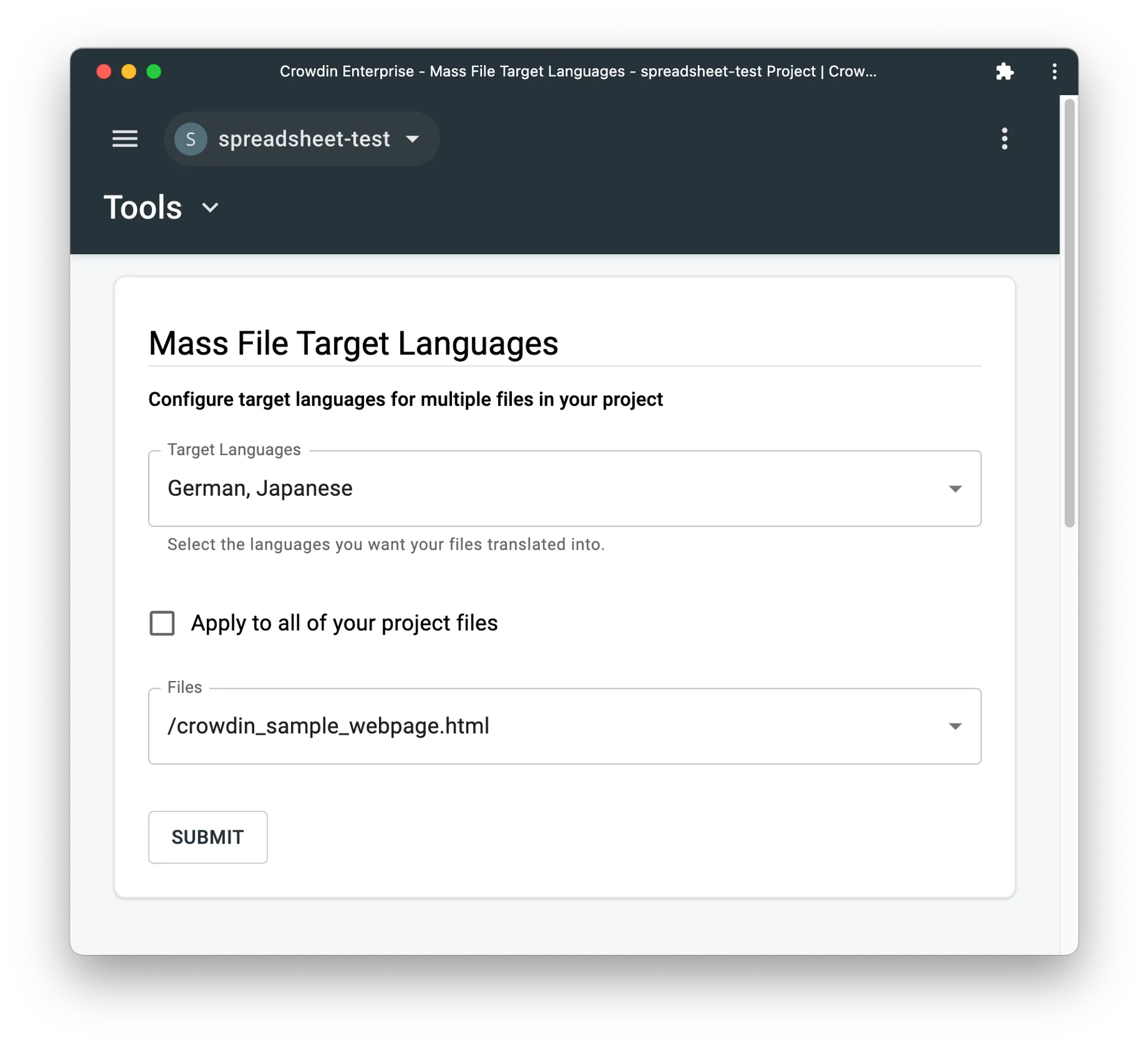 Configuring target languages in Crowdin project for multiple files