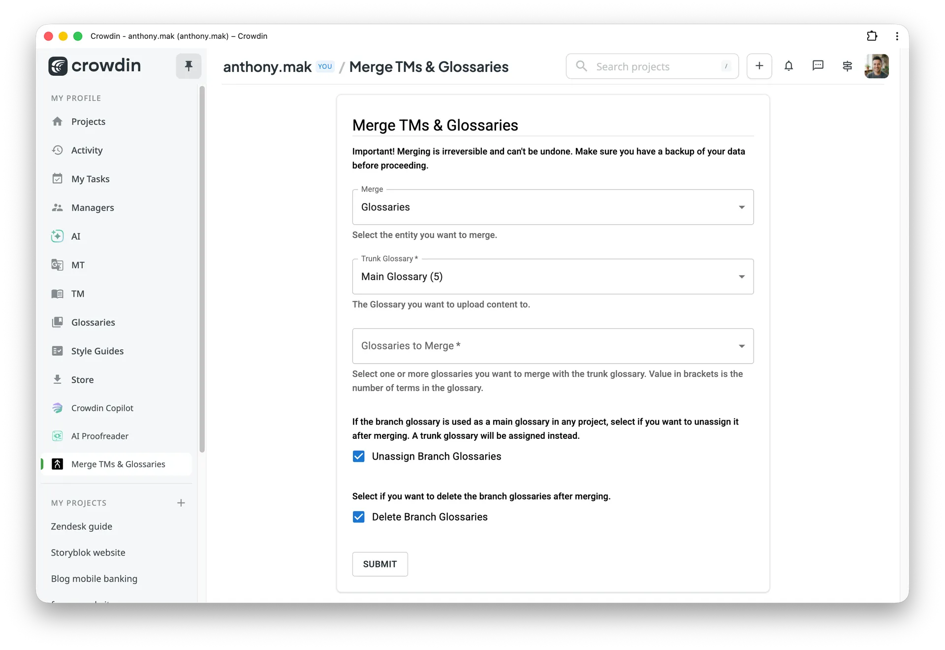 Merge TM or glossary in Crowdin