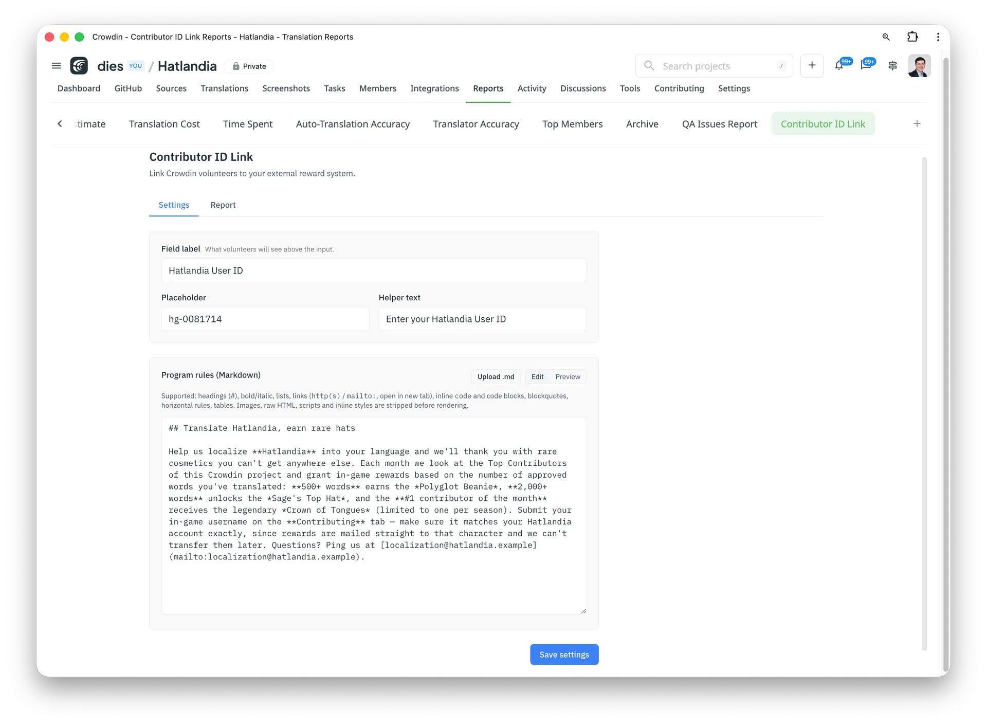 Configuring Contributor ID Link Crowdin app