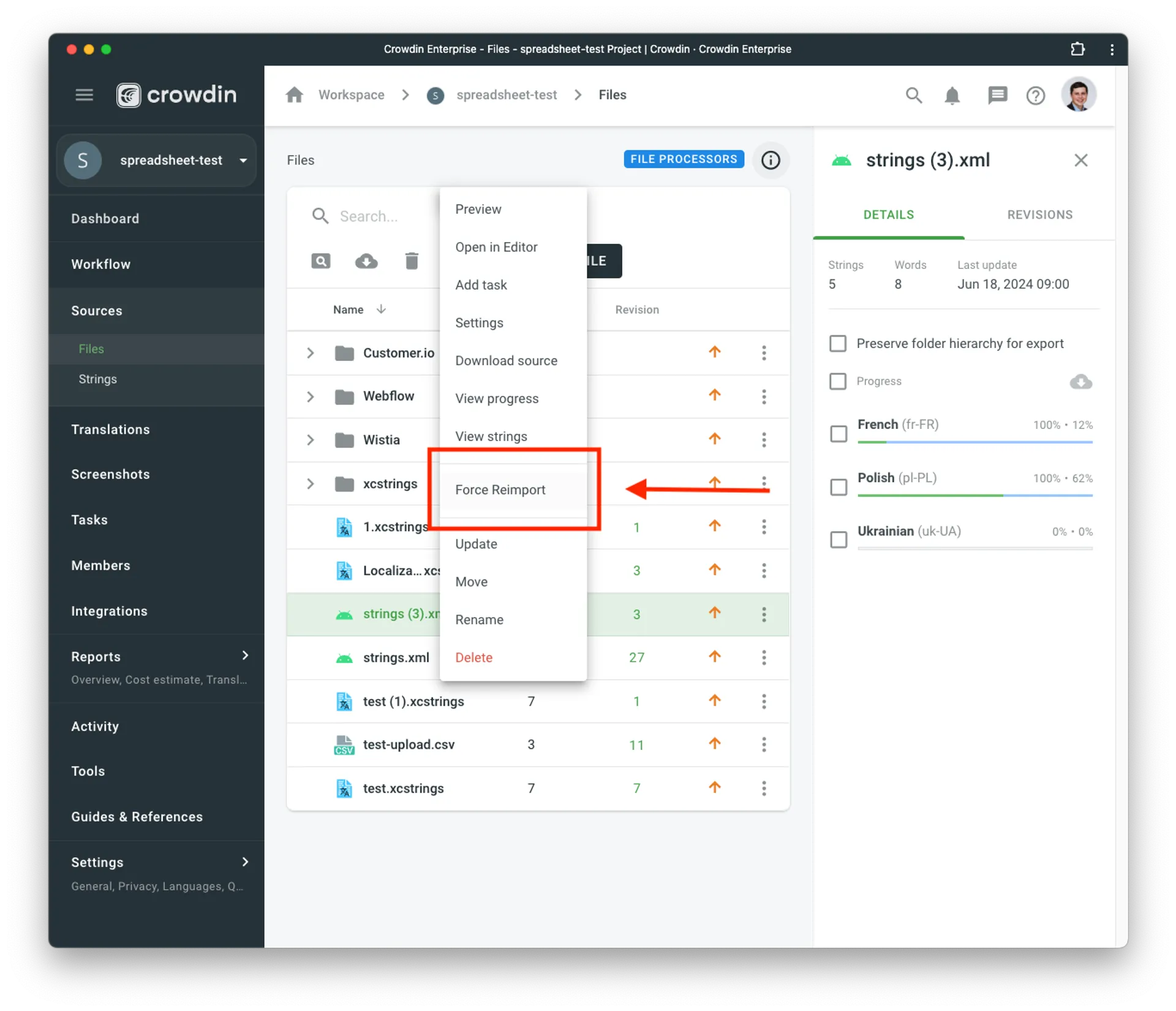 Selecting Crowdin file for Reimport