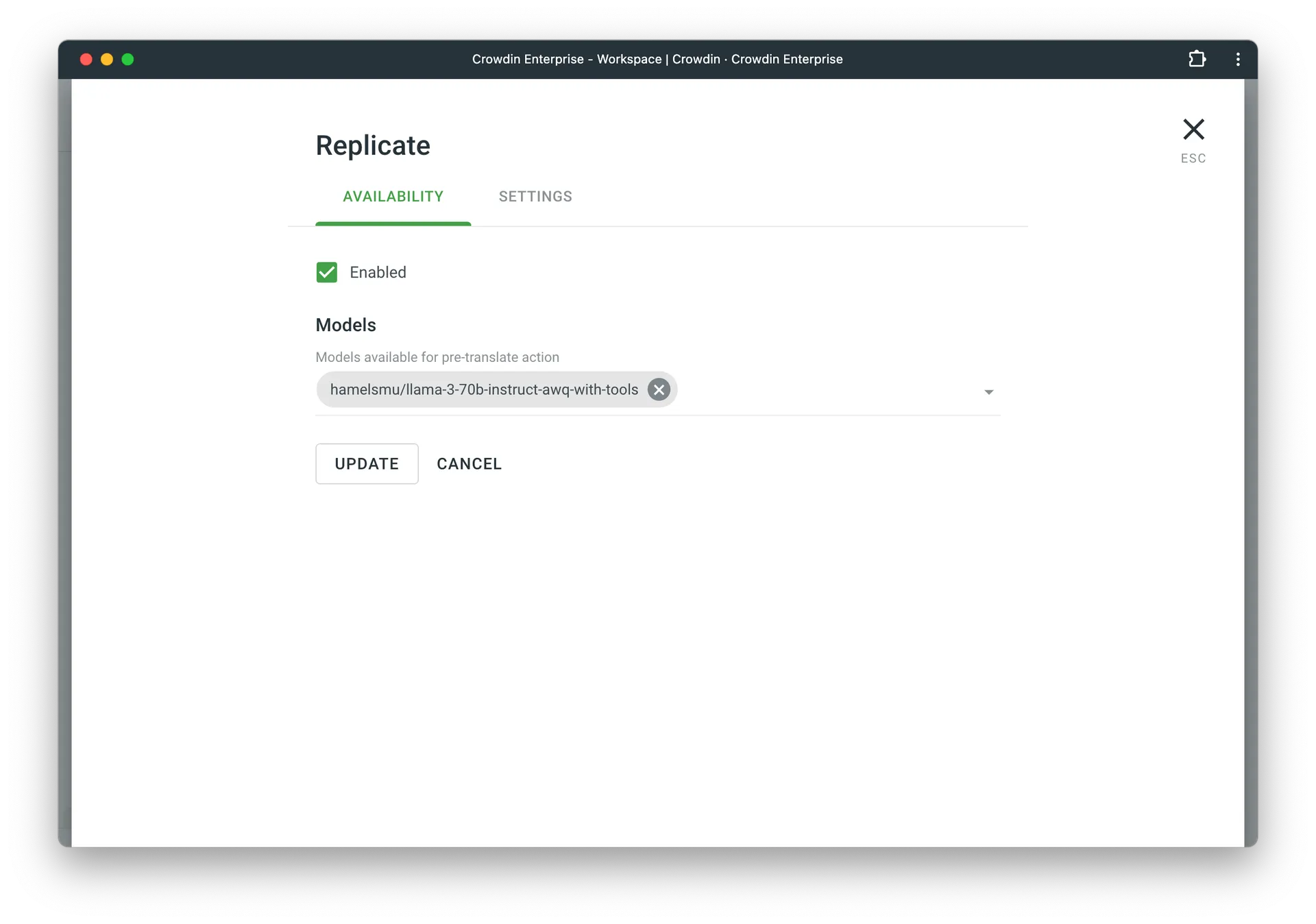 Selecting Replicate model in Crowdin