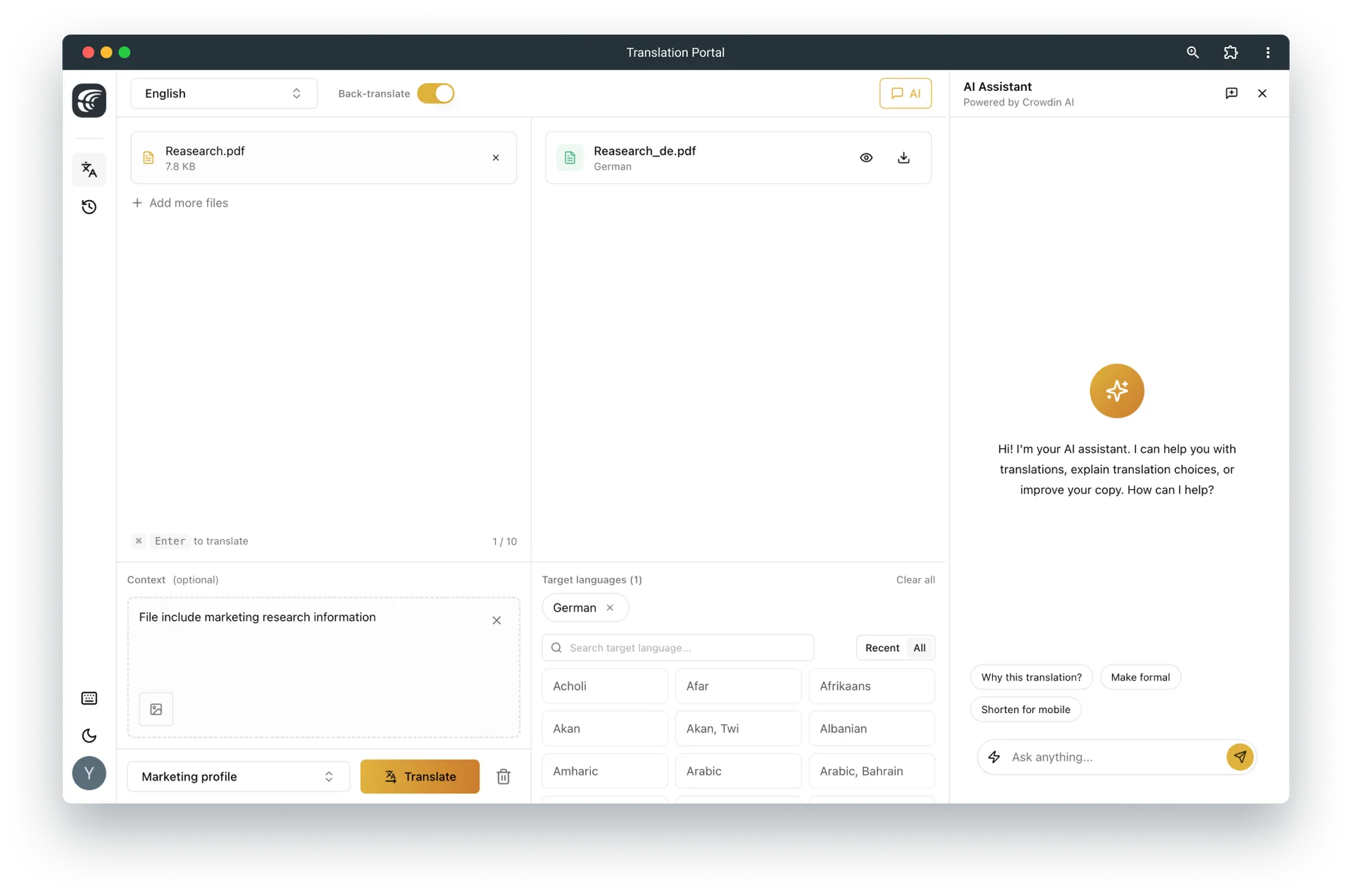 File translation in Crowdin Translation Portal