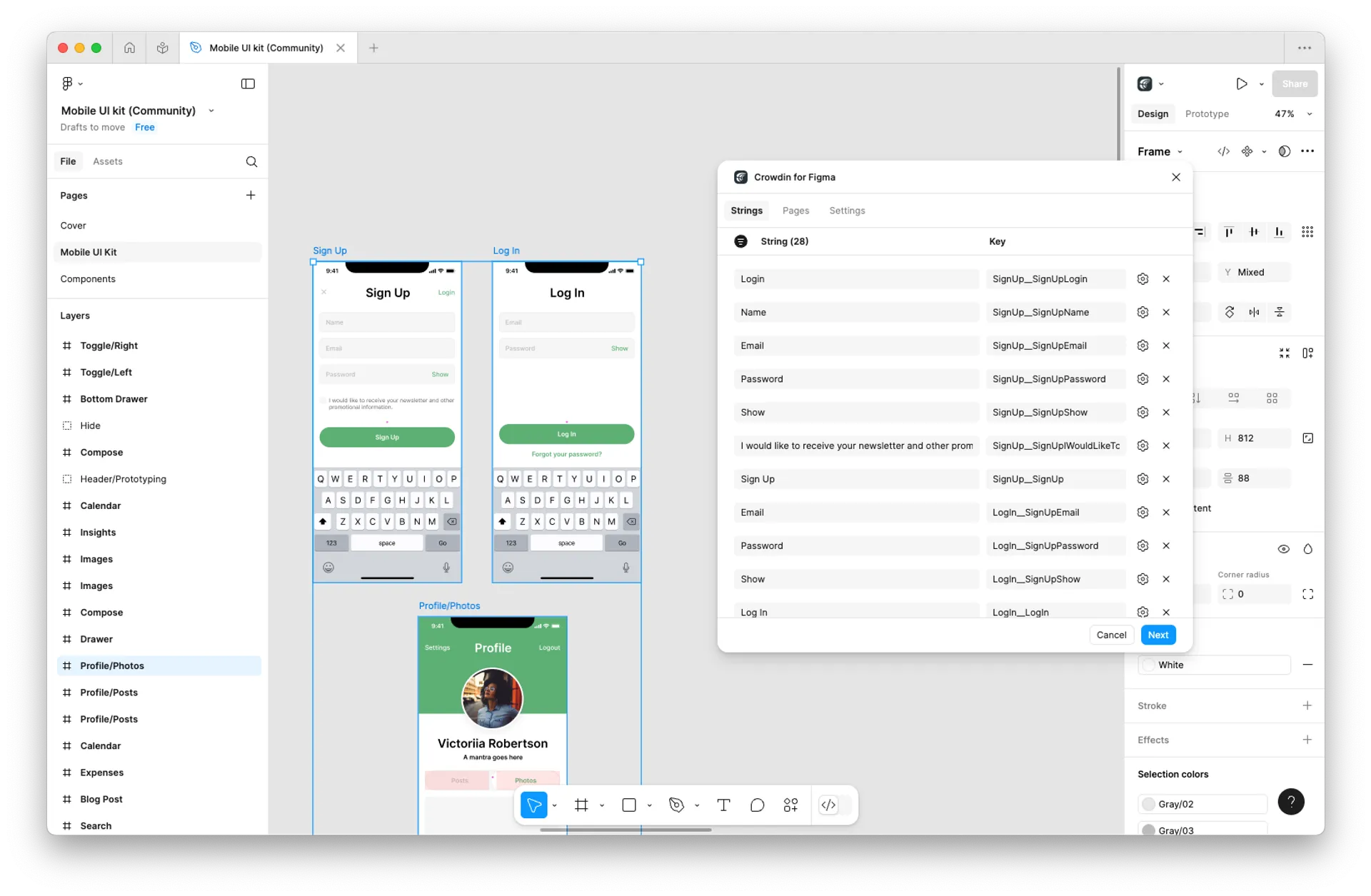 Translation in Figma Editor, screenshot of the process