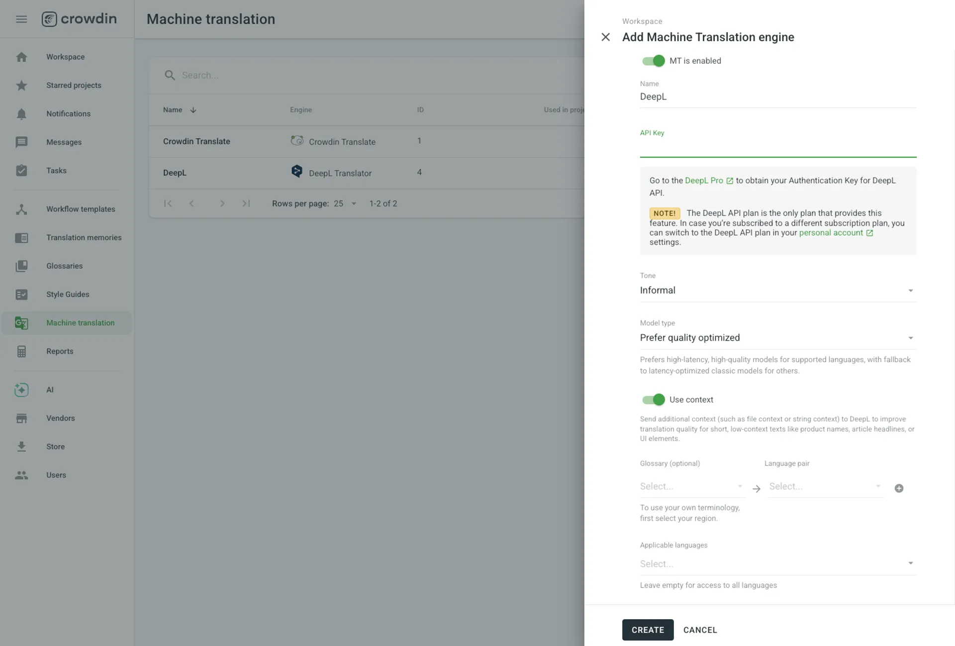 Configure DeepL in Crowdin