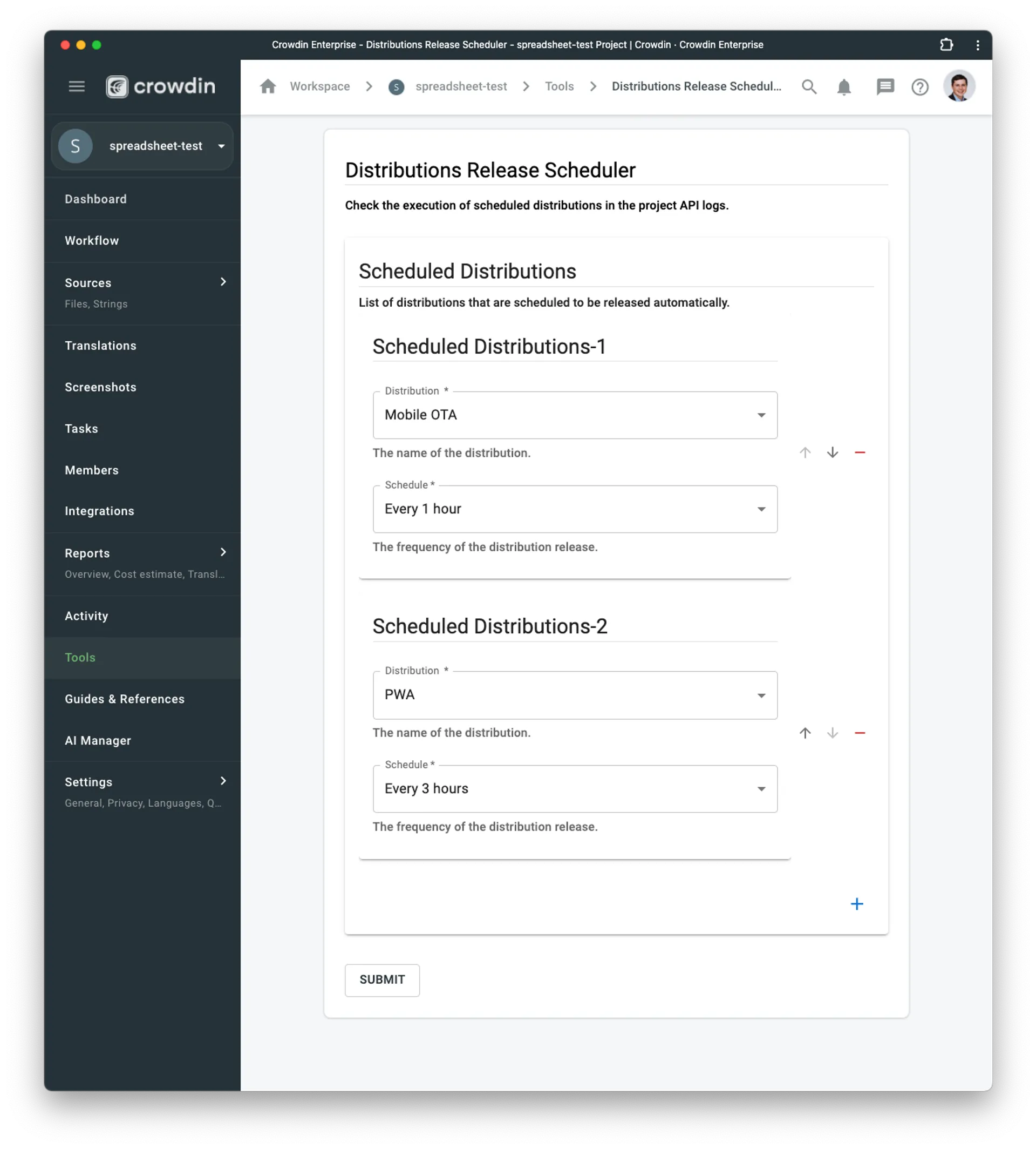 Automatic releases of the OTA distributions in Crowdin configuration