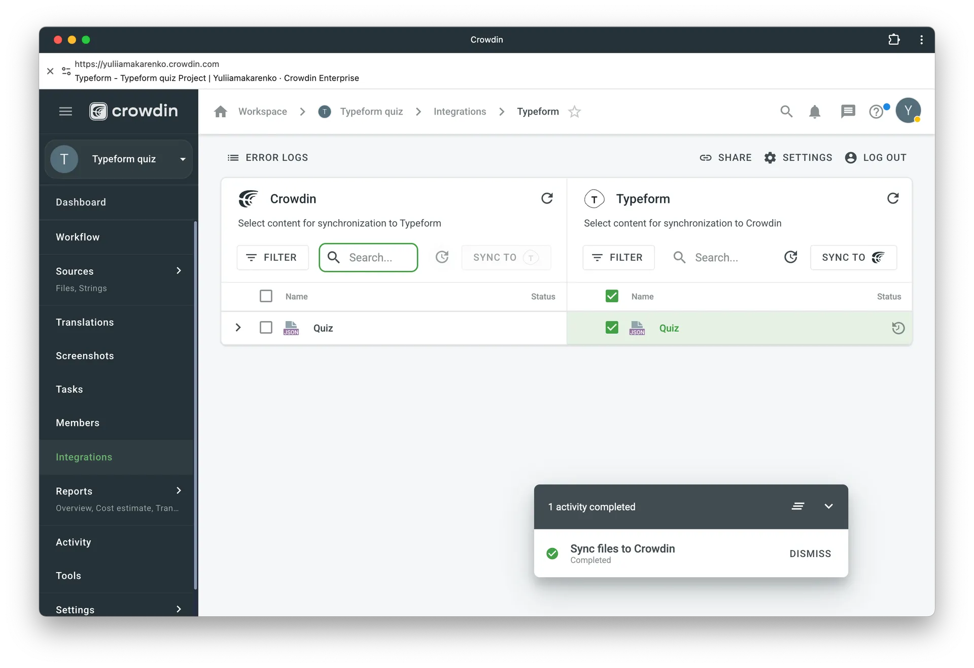Import Typeform files to Crowdin for translation