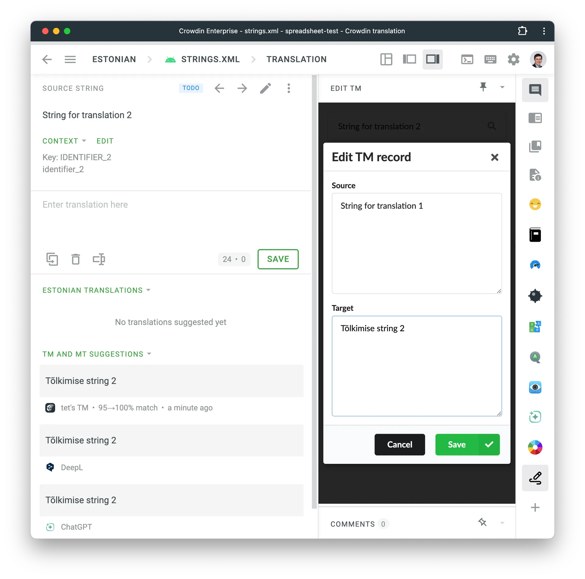 Edit translation memory record in the Crowdin Editor