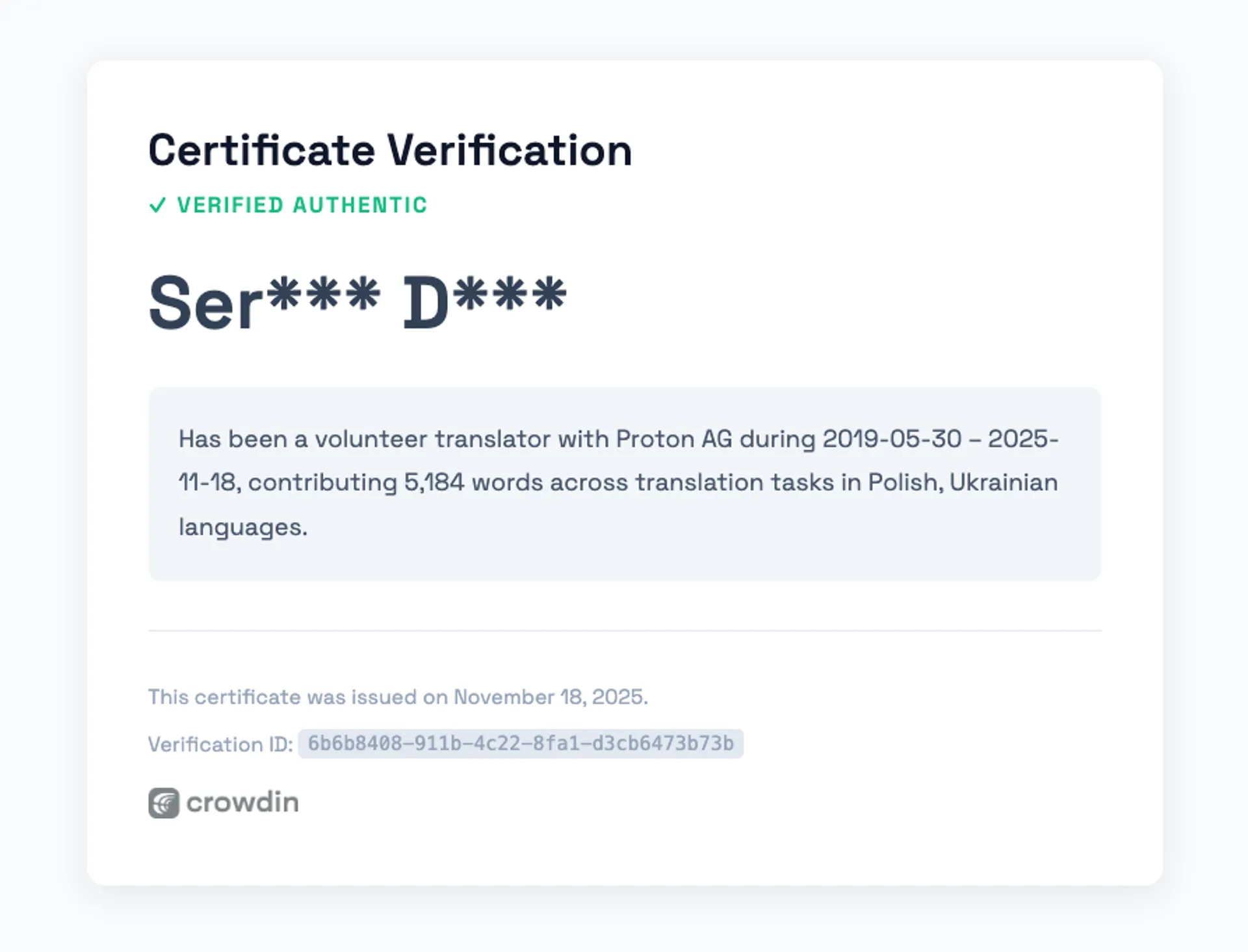 Crowdin certificate verification screen