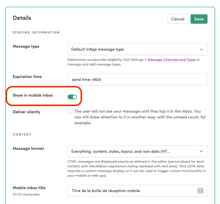 Enable the Show in mobile inbox option inside Iterable