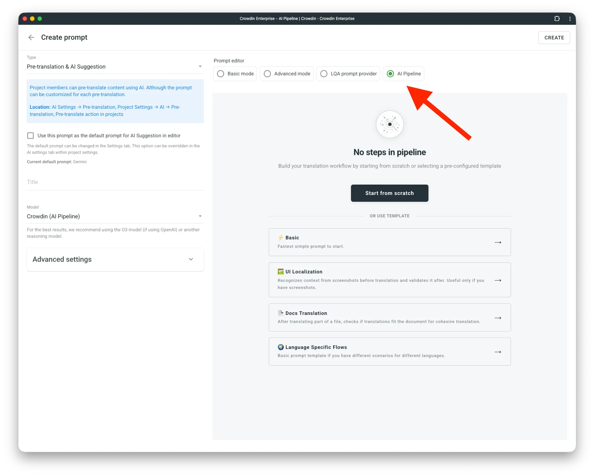 Creating Crowdin AI pipeline prompt