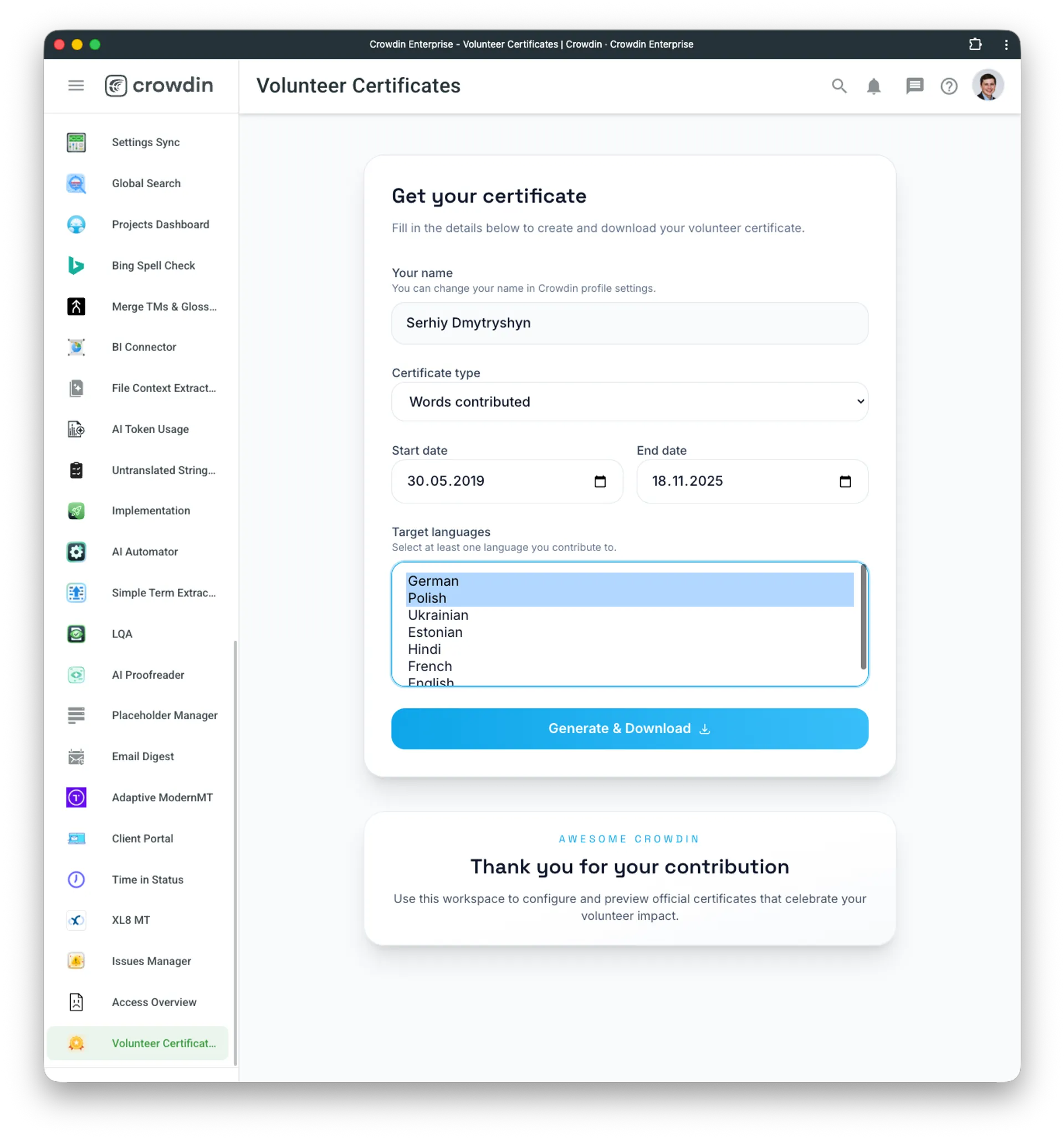 Generating Crowdin certificate