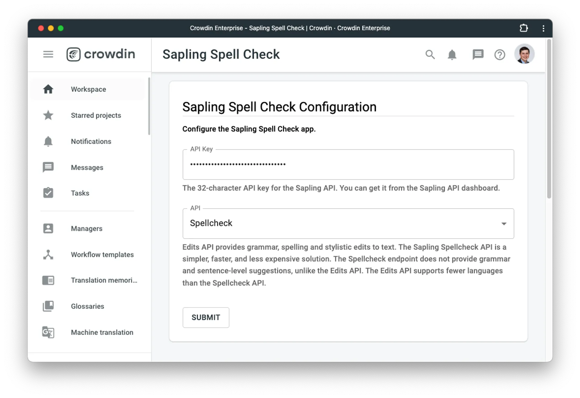 Sapling spellcheck in Crowdin Enterprise