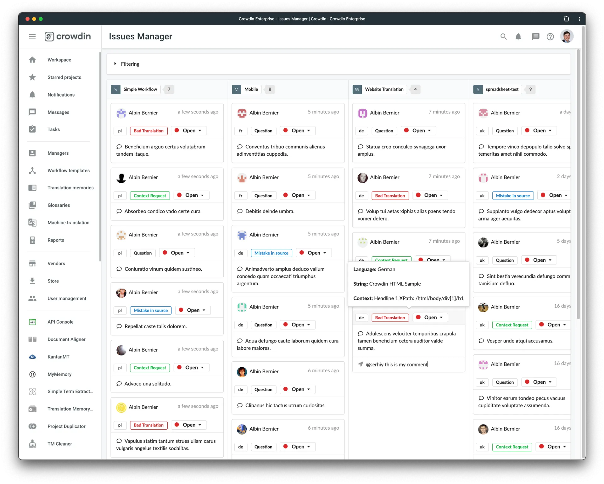 Crowdin Issues Manager Dashboard