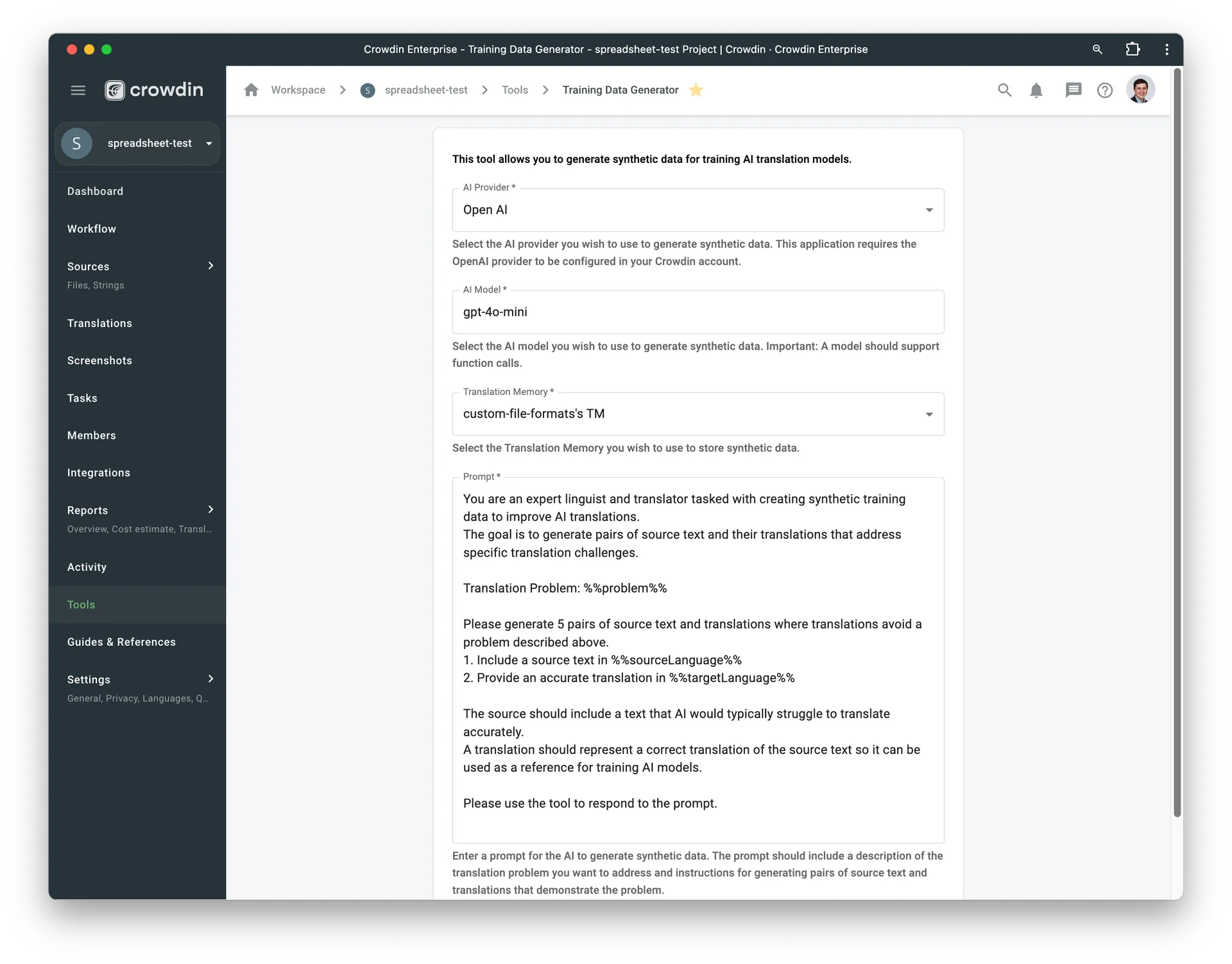 Synthetic data generator configuration in Crowdin