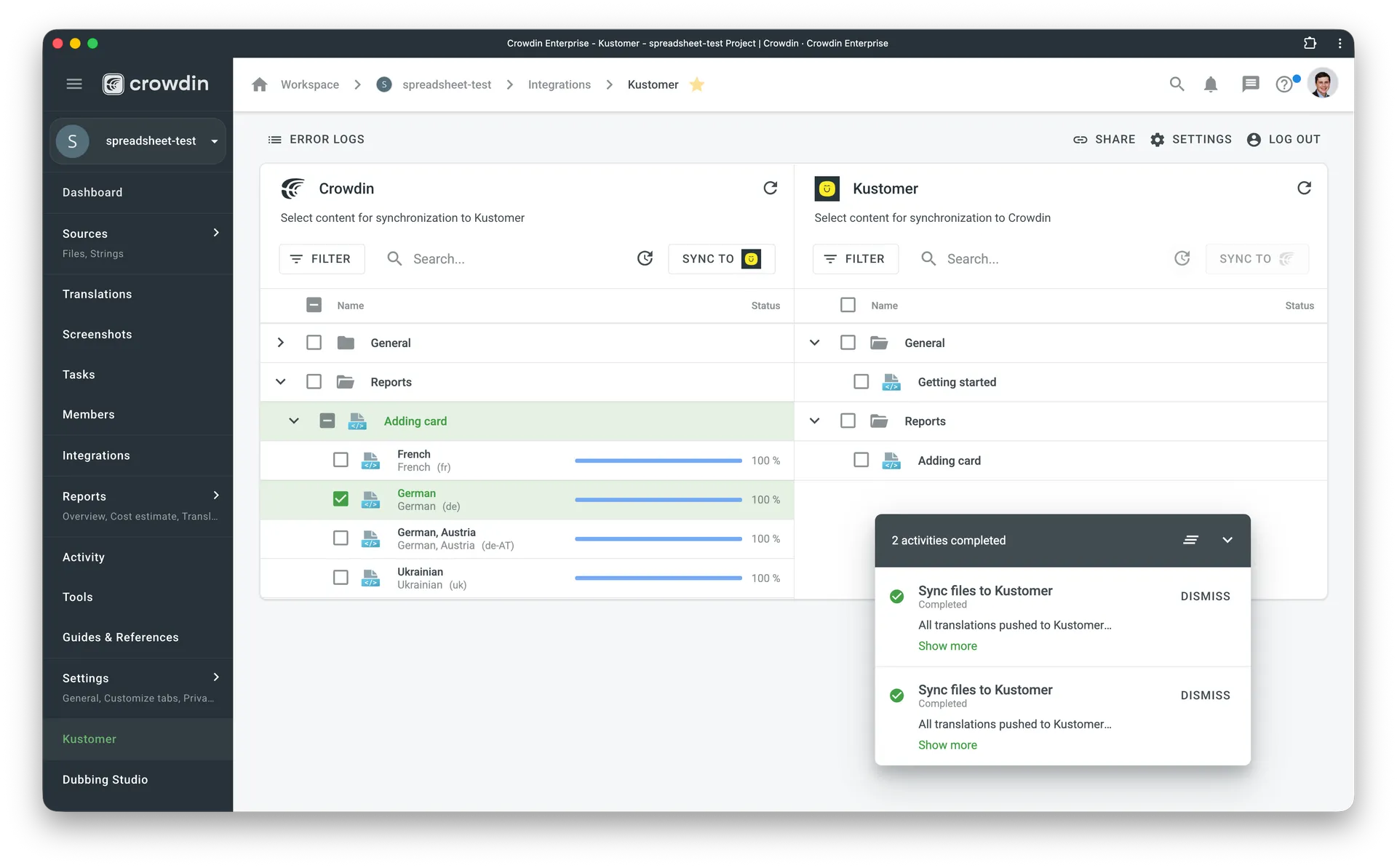 Kustomer translation synchronization
