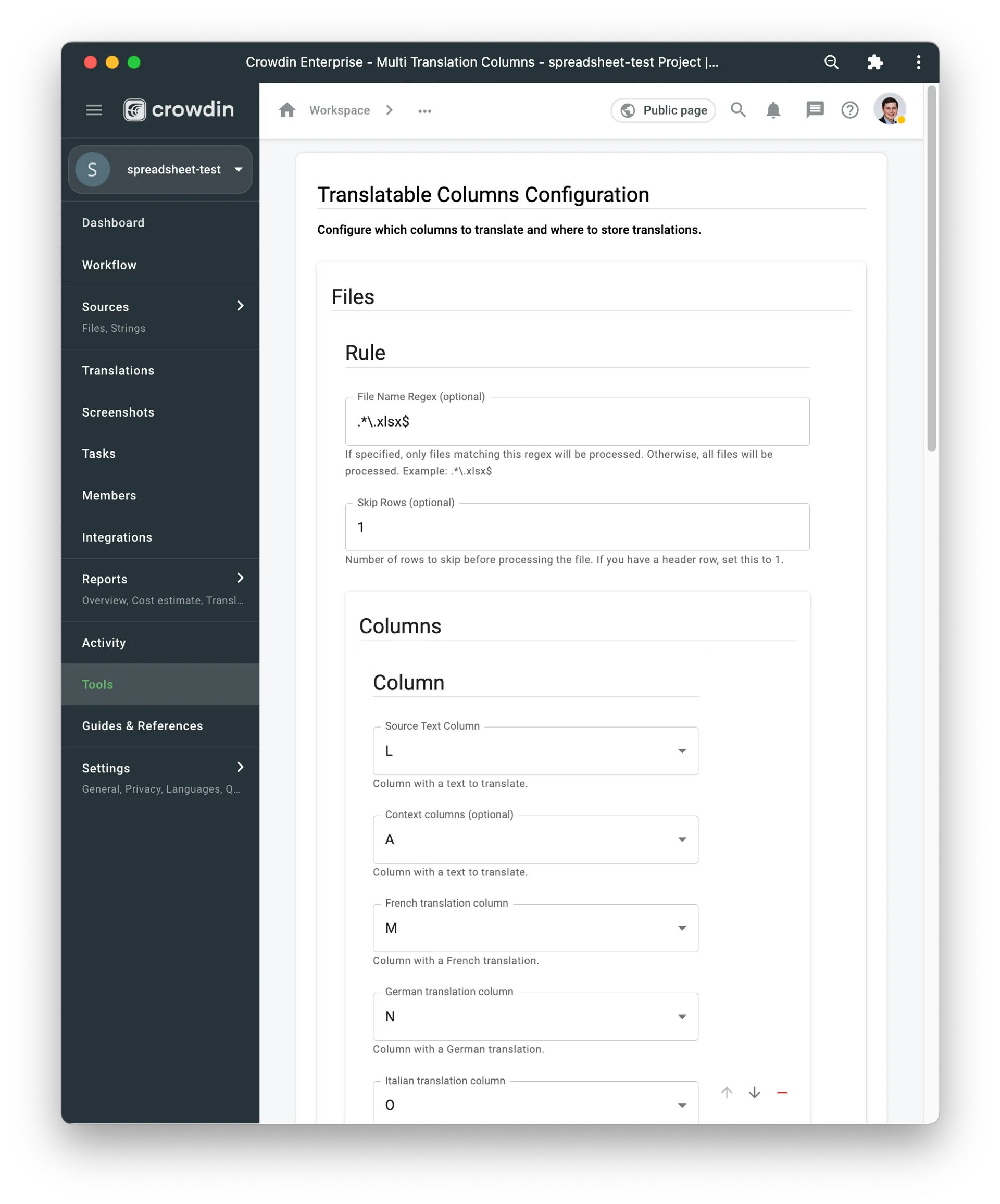 multilingual spreadsheet translation with multiple translatable columns