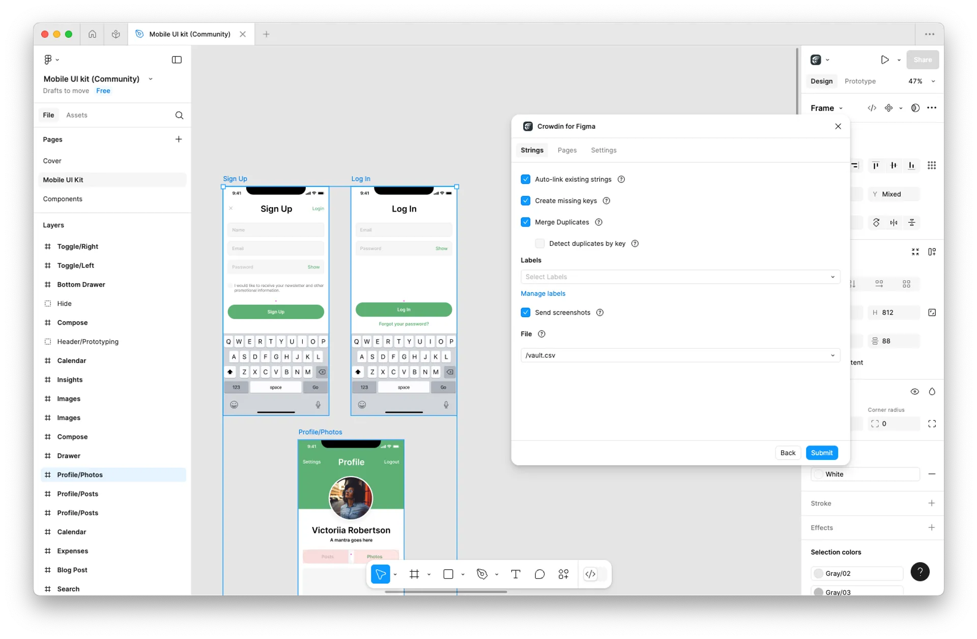 Translation in Figma Editor, screenshot of the process (2)