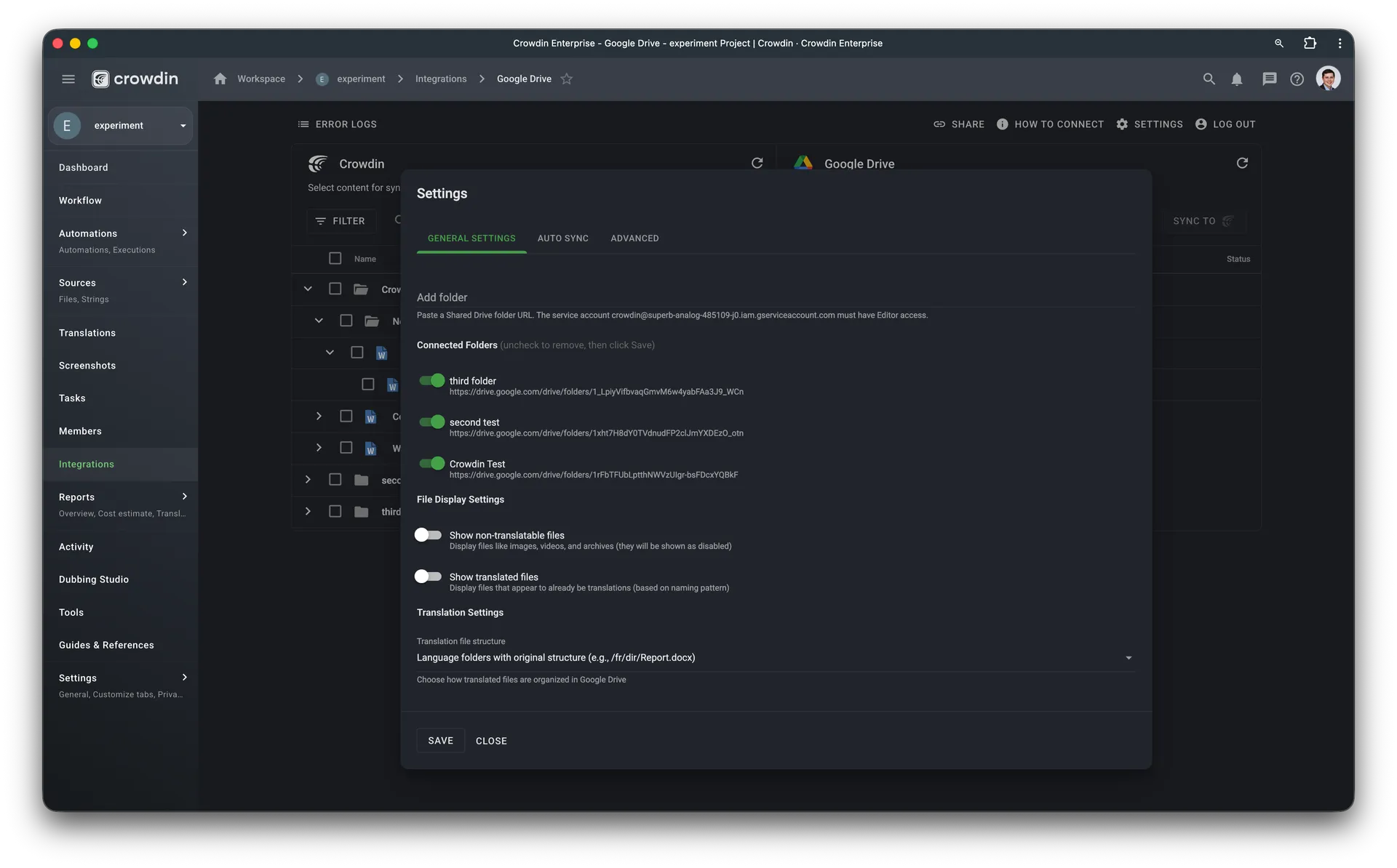 Google Drive Crowdin sync settings for document translation.