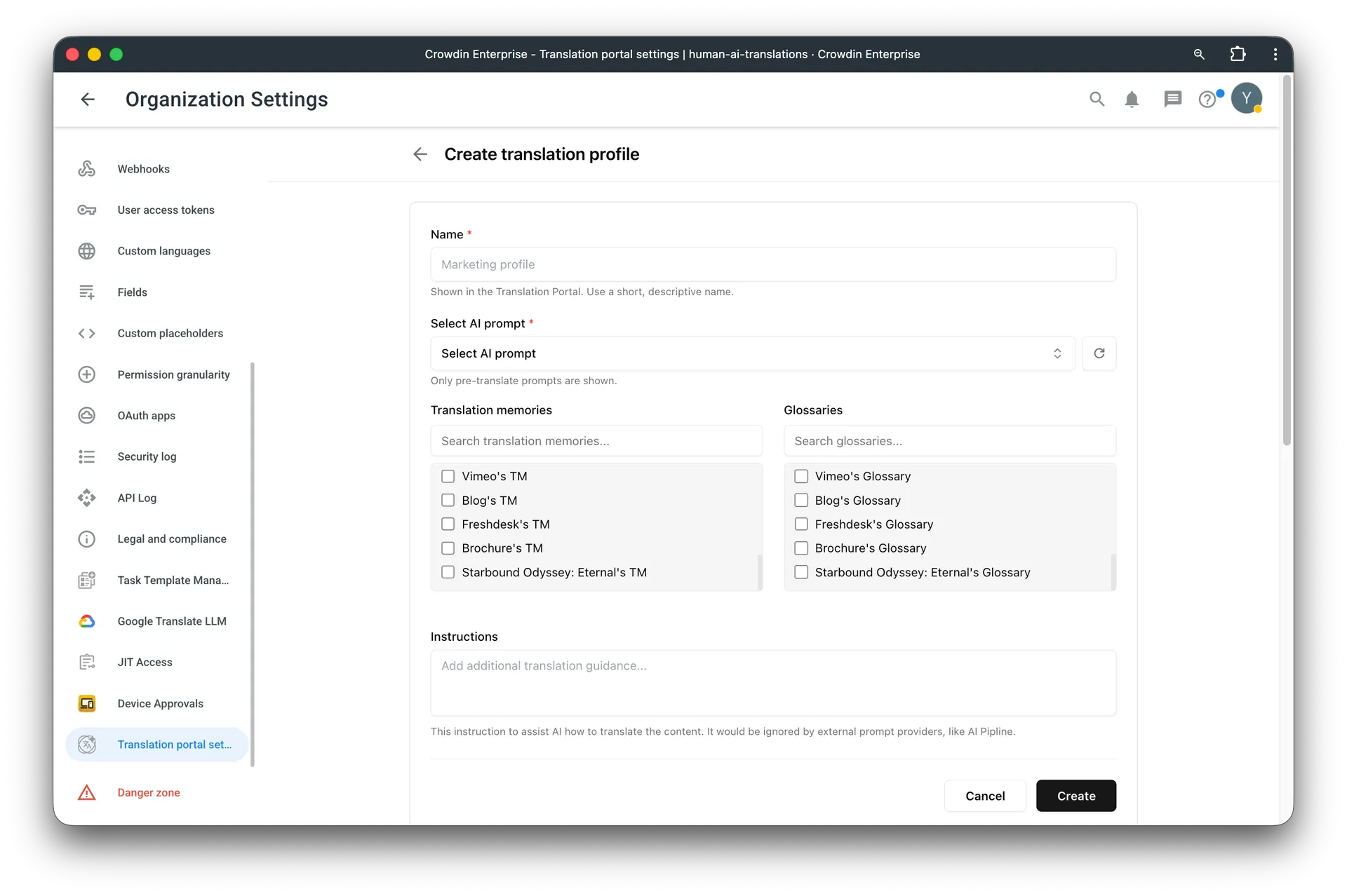 Create translation profile