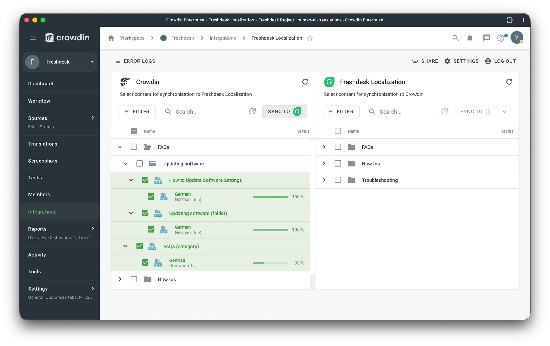 Manual sync of translated Freshdesk