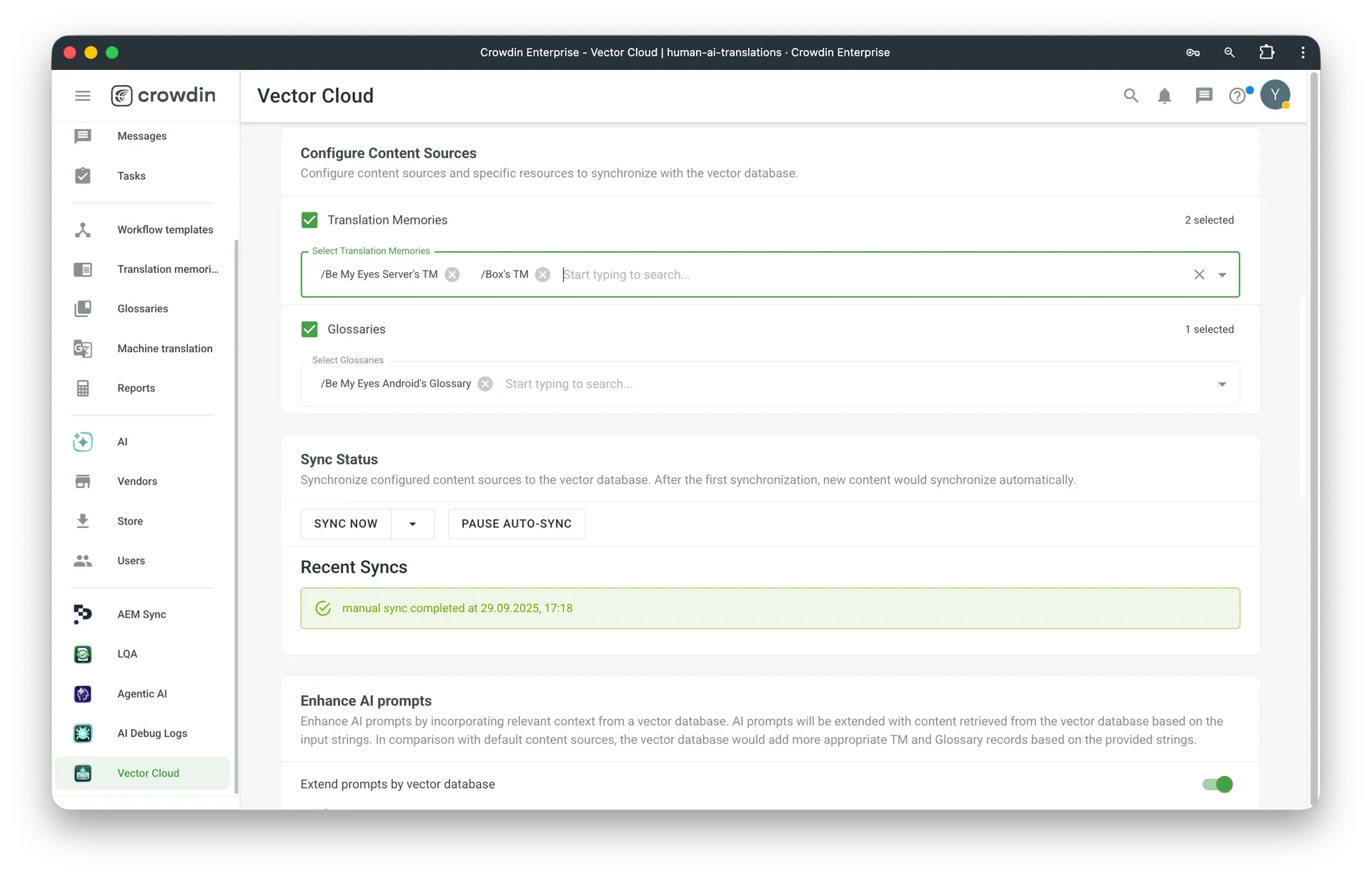 Select Crowdin Content: TM and Glossaries