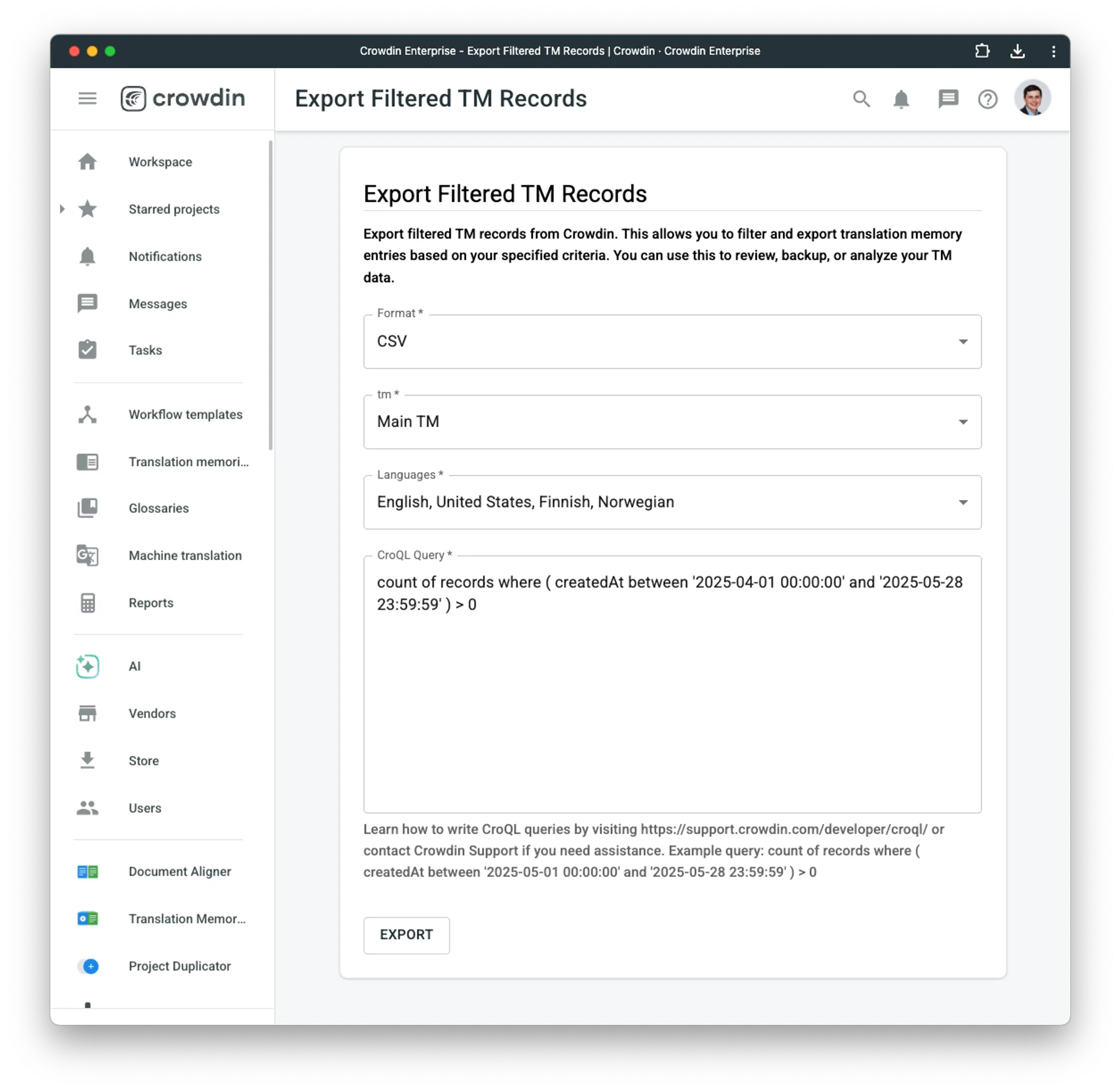 Export TM with CroQL