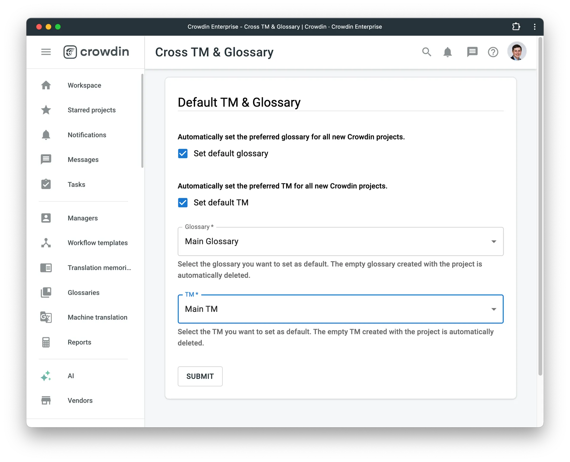 Configuring default TM and Glossary in Crowdin