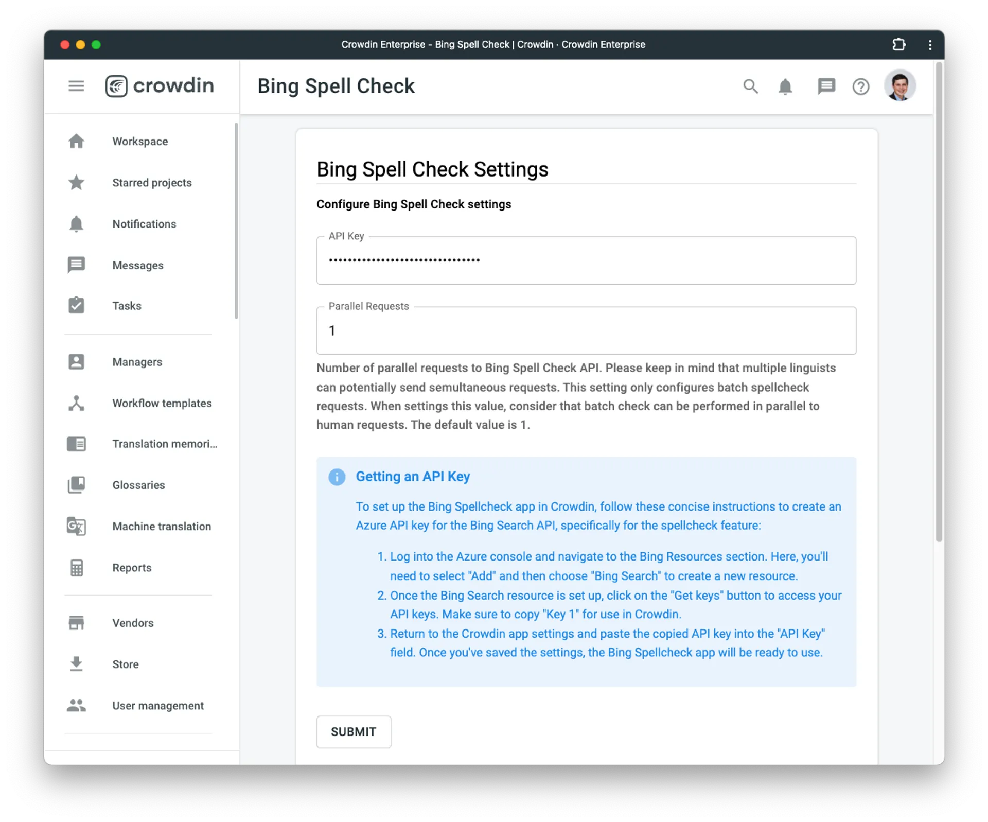 Configuring Bing Spellcheck in Crowdin