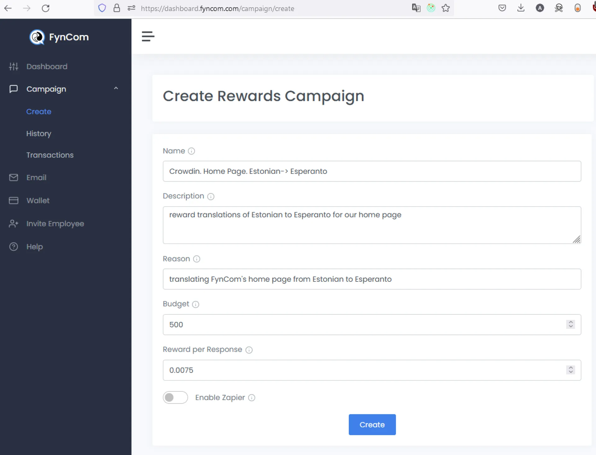 Setup your Crowdin Rewards Campaign at dashboard.fyncom.com in the Campaign create section